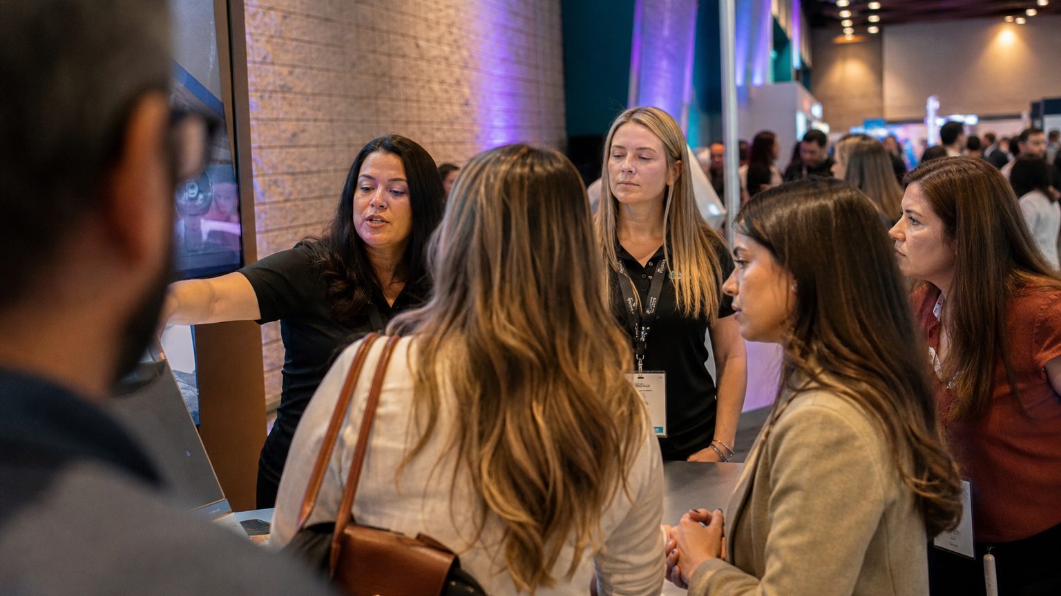 Two exhibitors in branded polos talking with three visitors at a booth counter