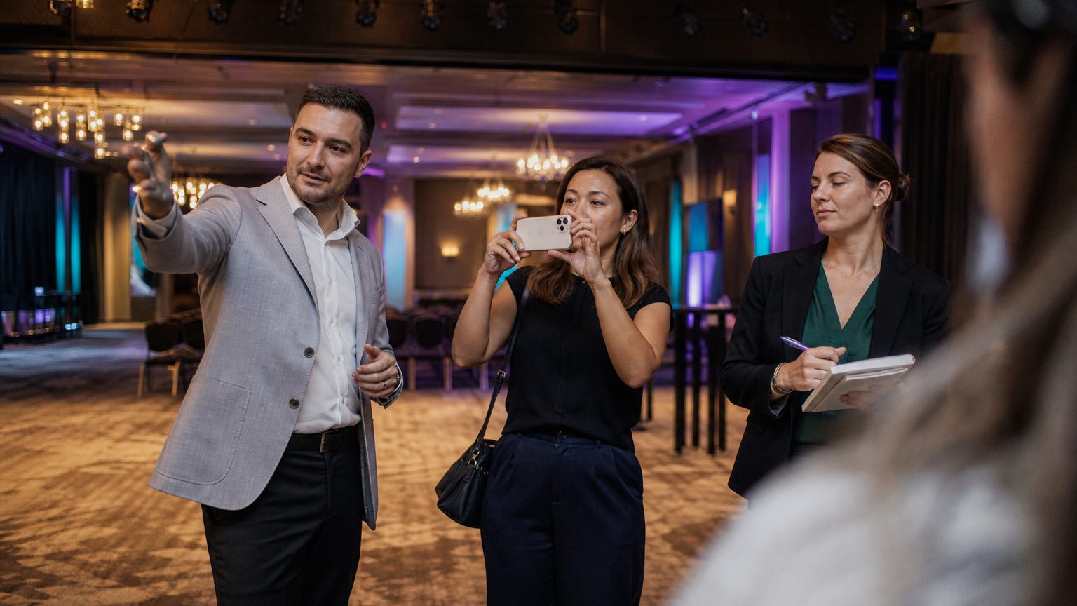 A venue manager gesturing across a function space to two corporate planners
