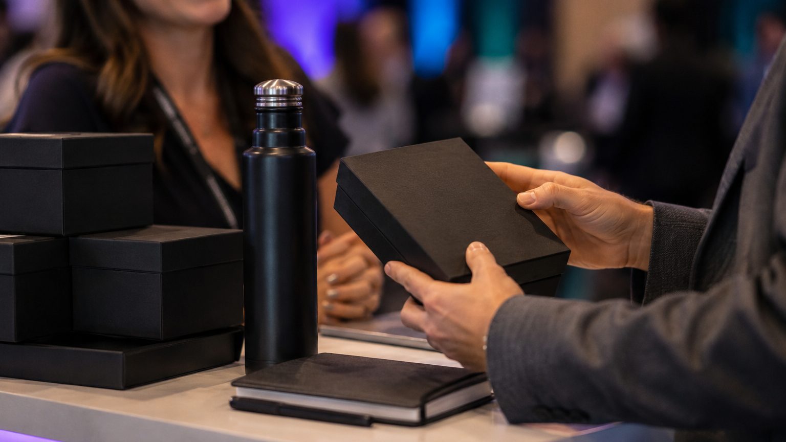 Premium branded trade show giveaway items on a booth counter as an attendee picks one up