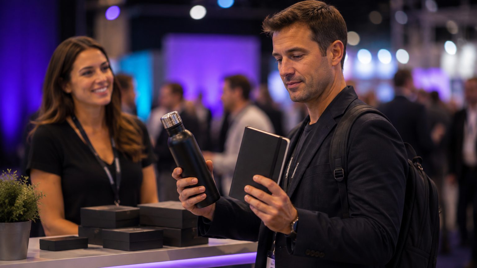 A trade show attendee comparing two branded giveaway items before choosing one