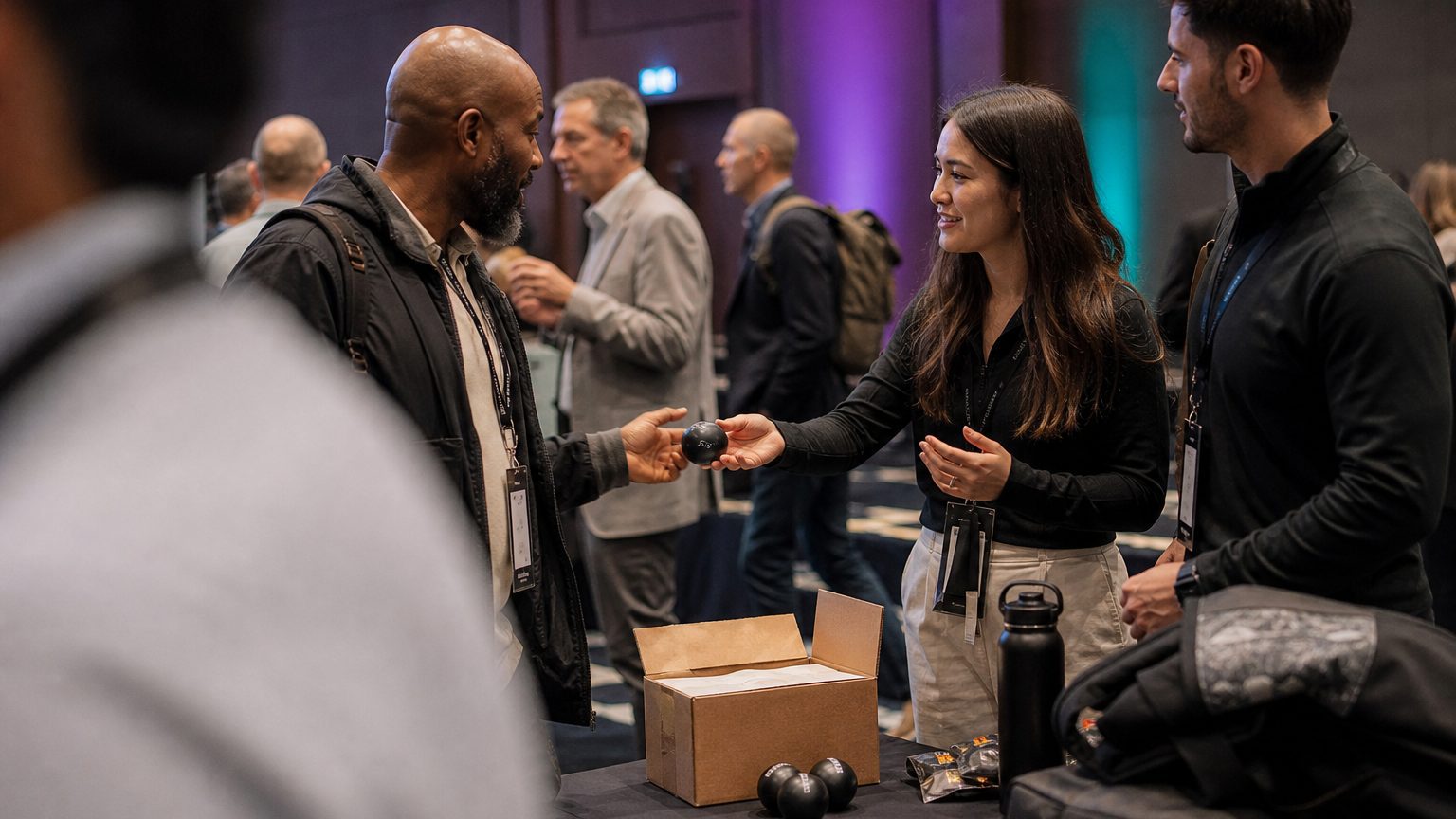 Two brand staff in conversation with attendees at a stand