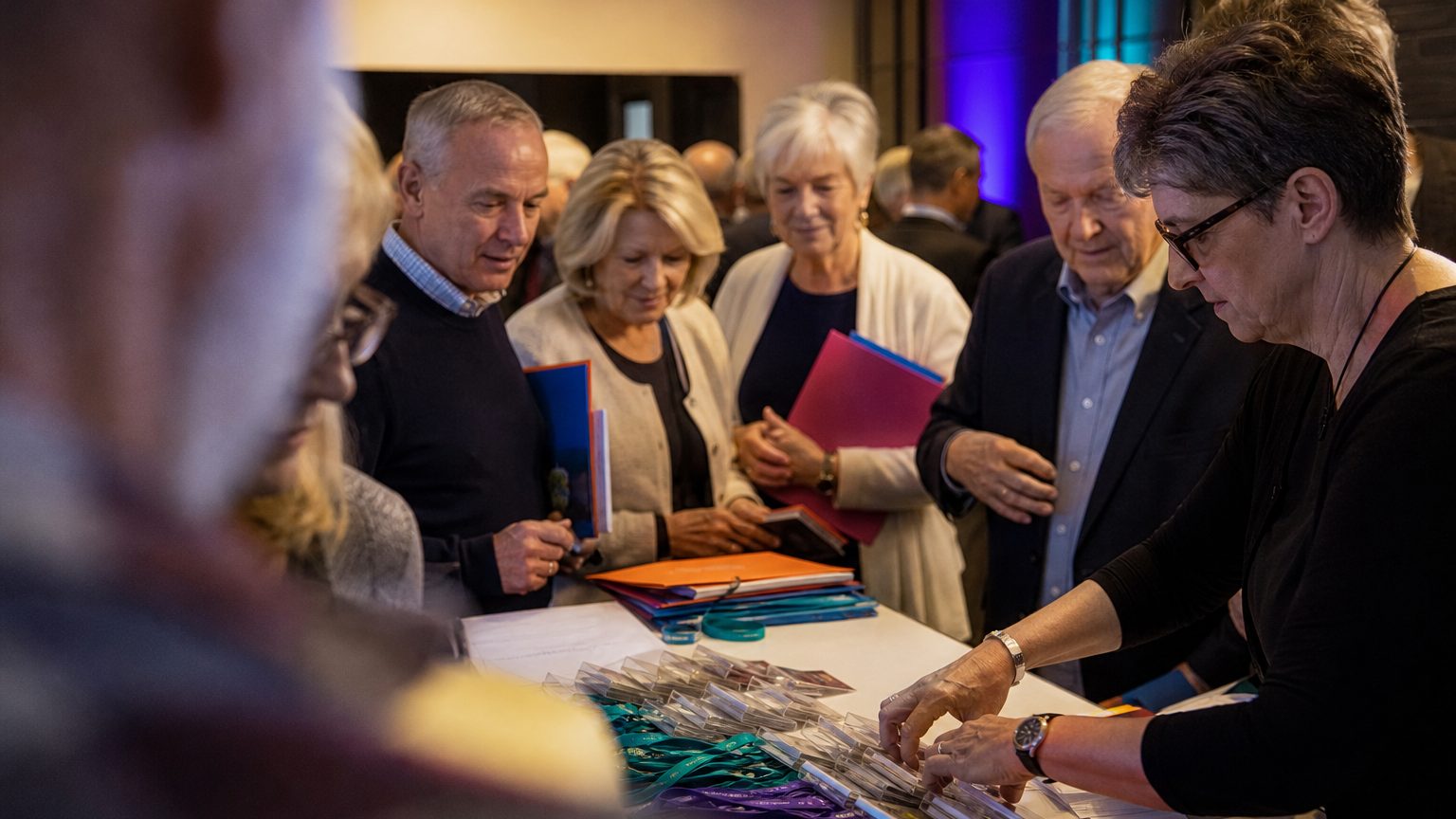 Close-up of a facilitator’s hands arranging name tags and colorful event materials on a table as employees eagerly gat