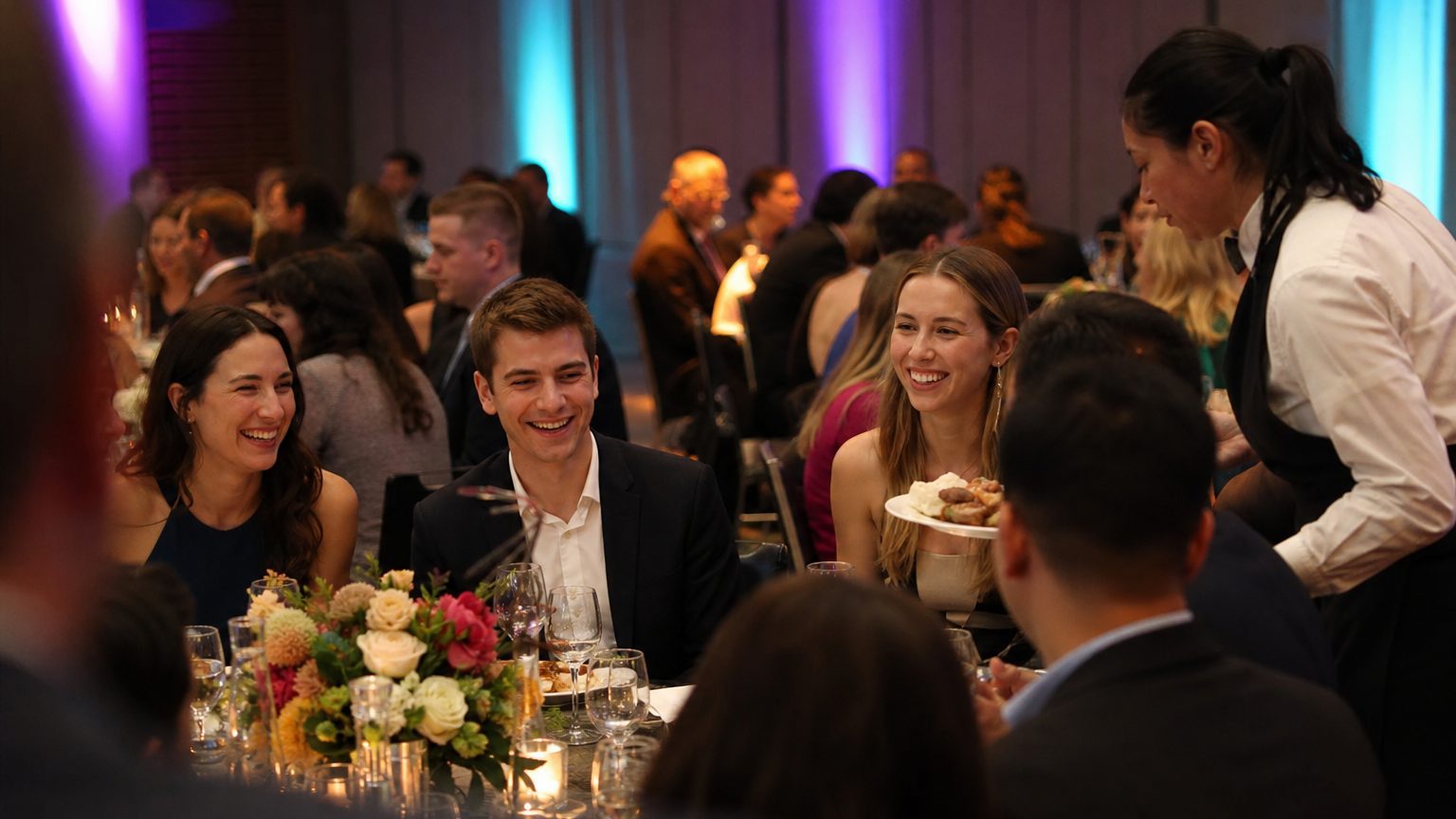 Guests at round tables mid-conversation