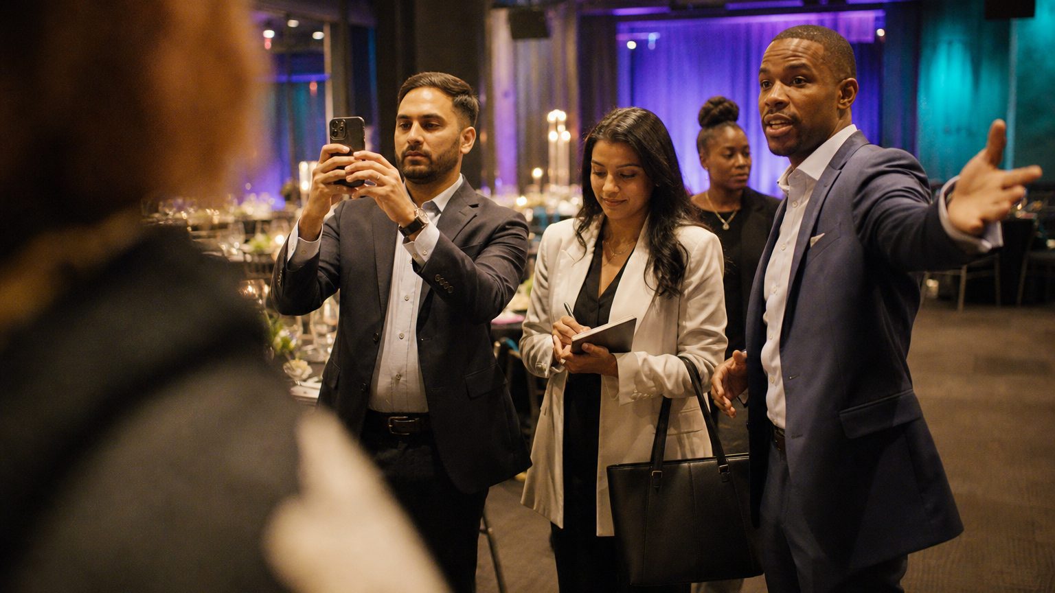 A venue manager gesturing across a function space to two corporate planners