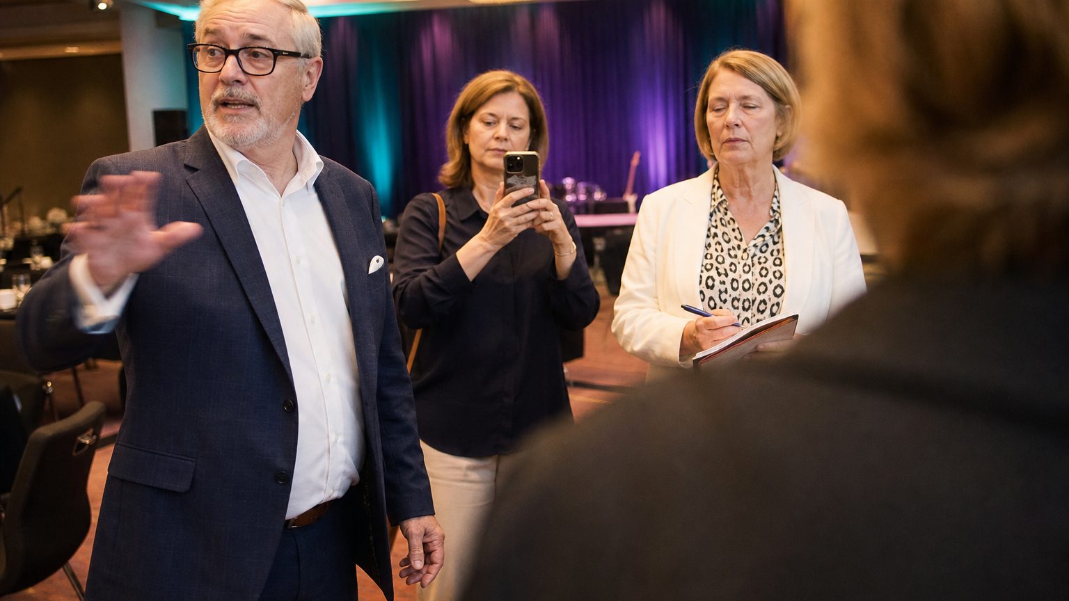 A venue manager gesturing across a function space to two corporate planners
