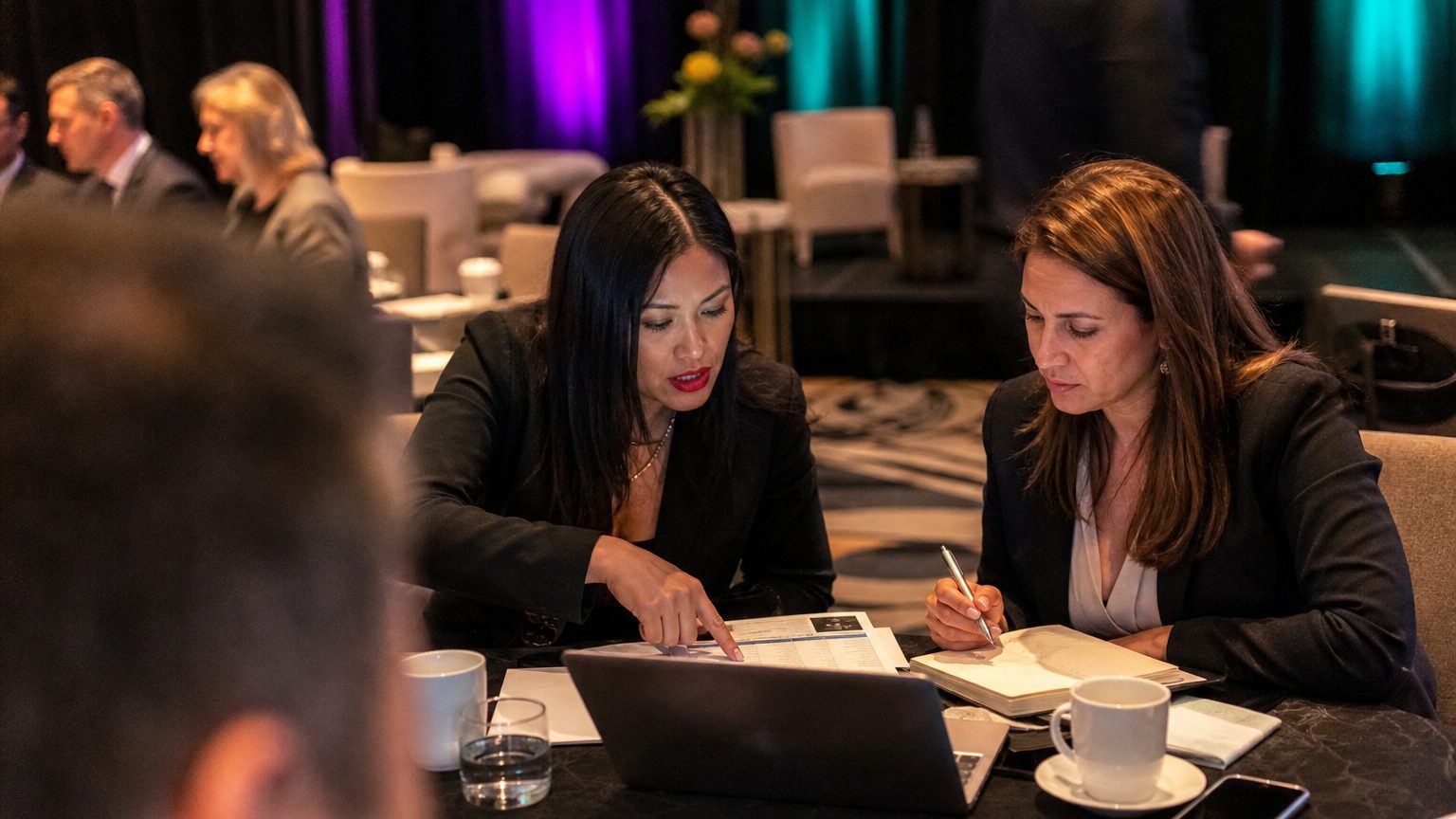 Two corporate event planners across a hotel meeting-room table mid-discussion