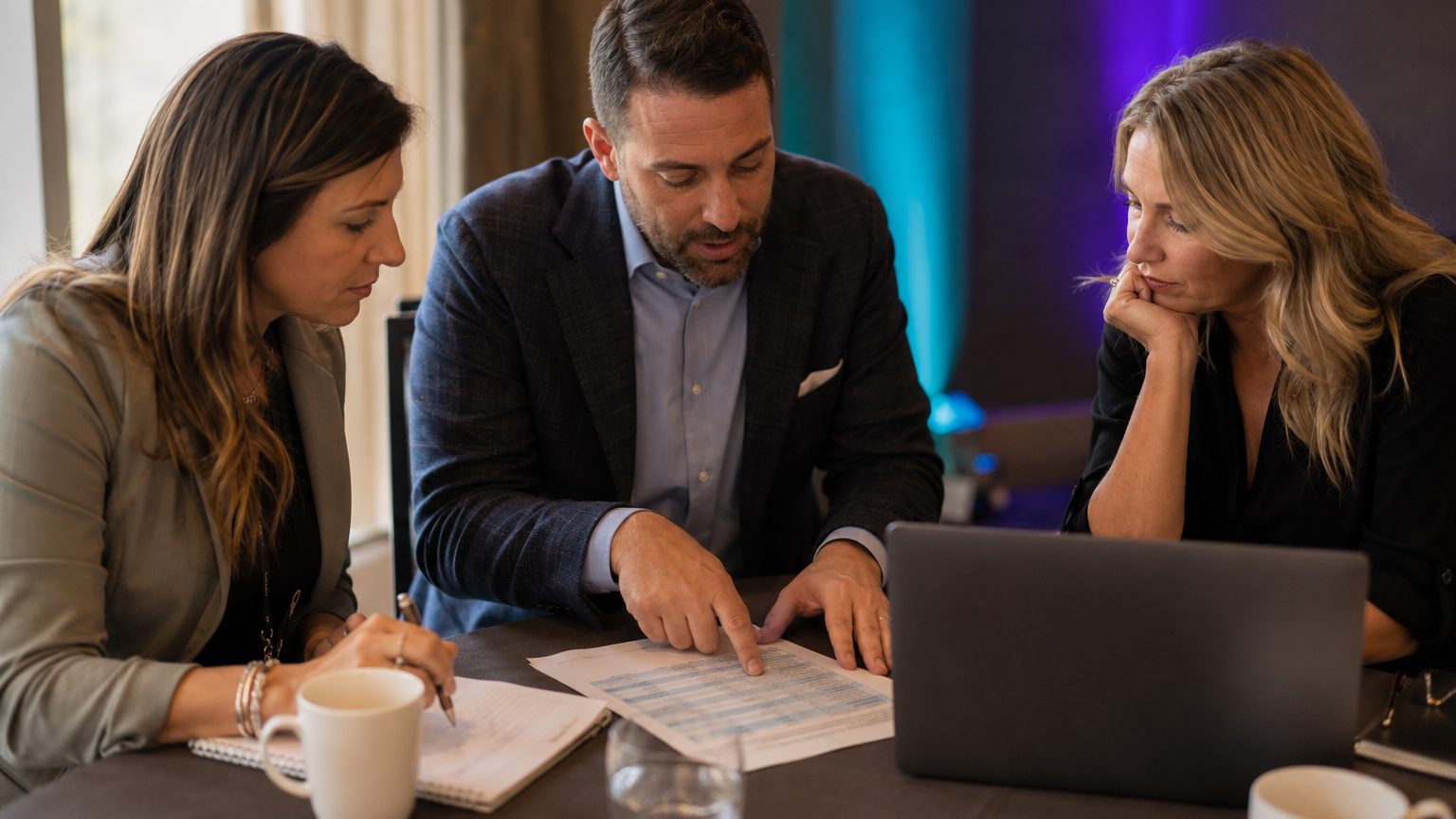 Event planners and a sales leader reviewing a sales kickoff budget together
