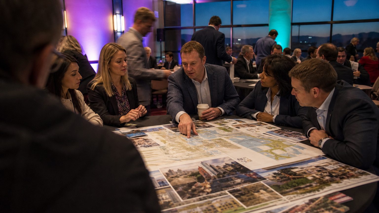 Group of business travelers gathered around a large conference table covered with maps and brochures of U.S. cities, i