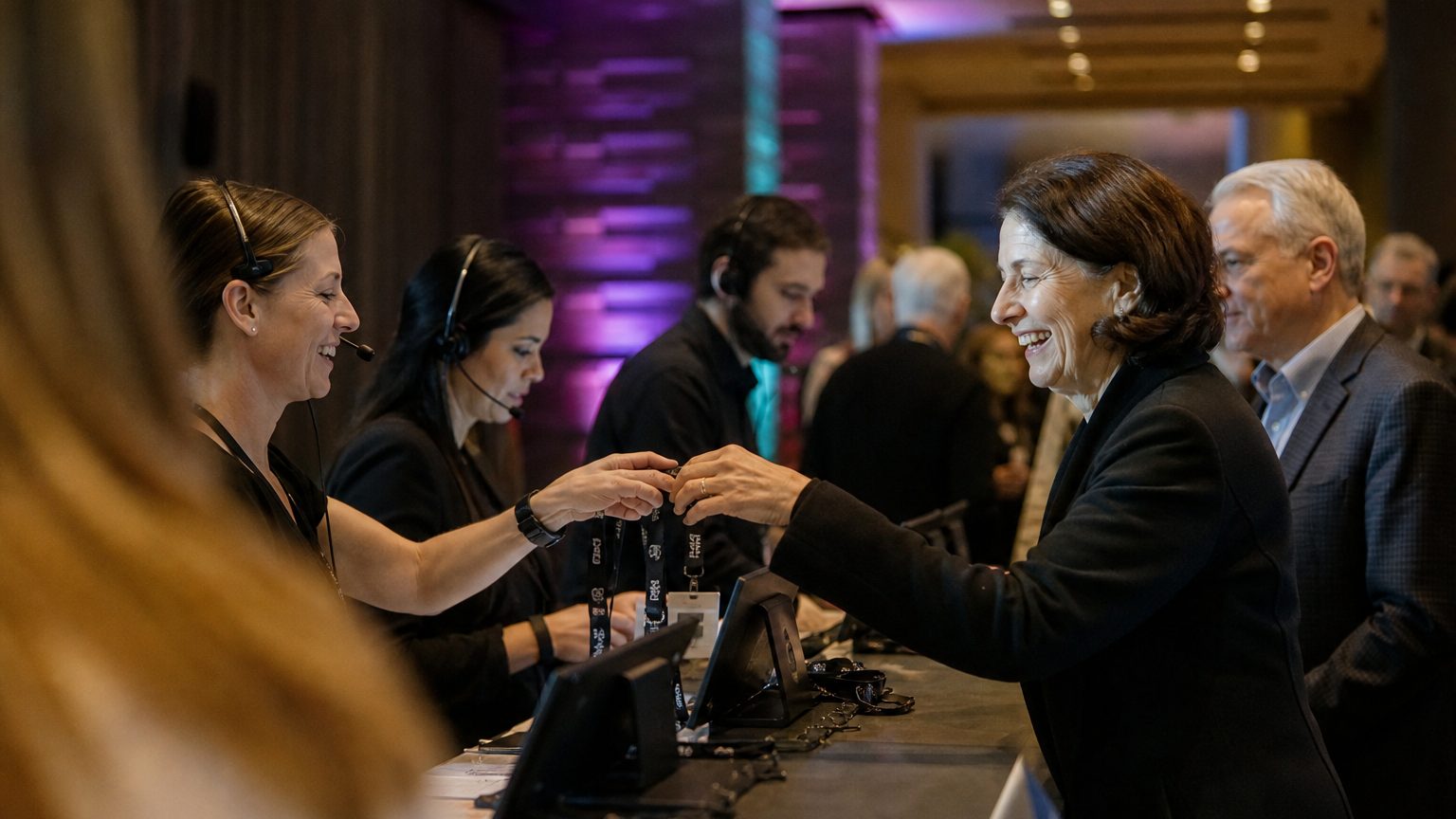 Three staff in headsets handing badges across the counter to arriving attendees