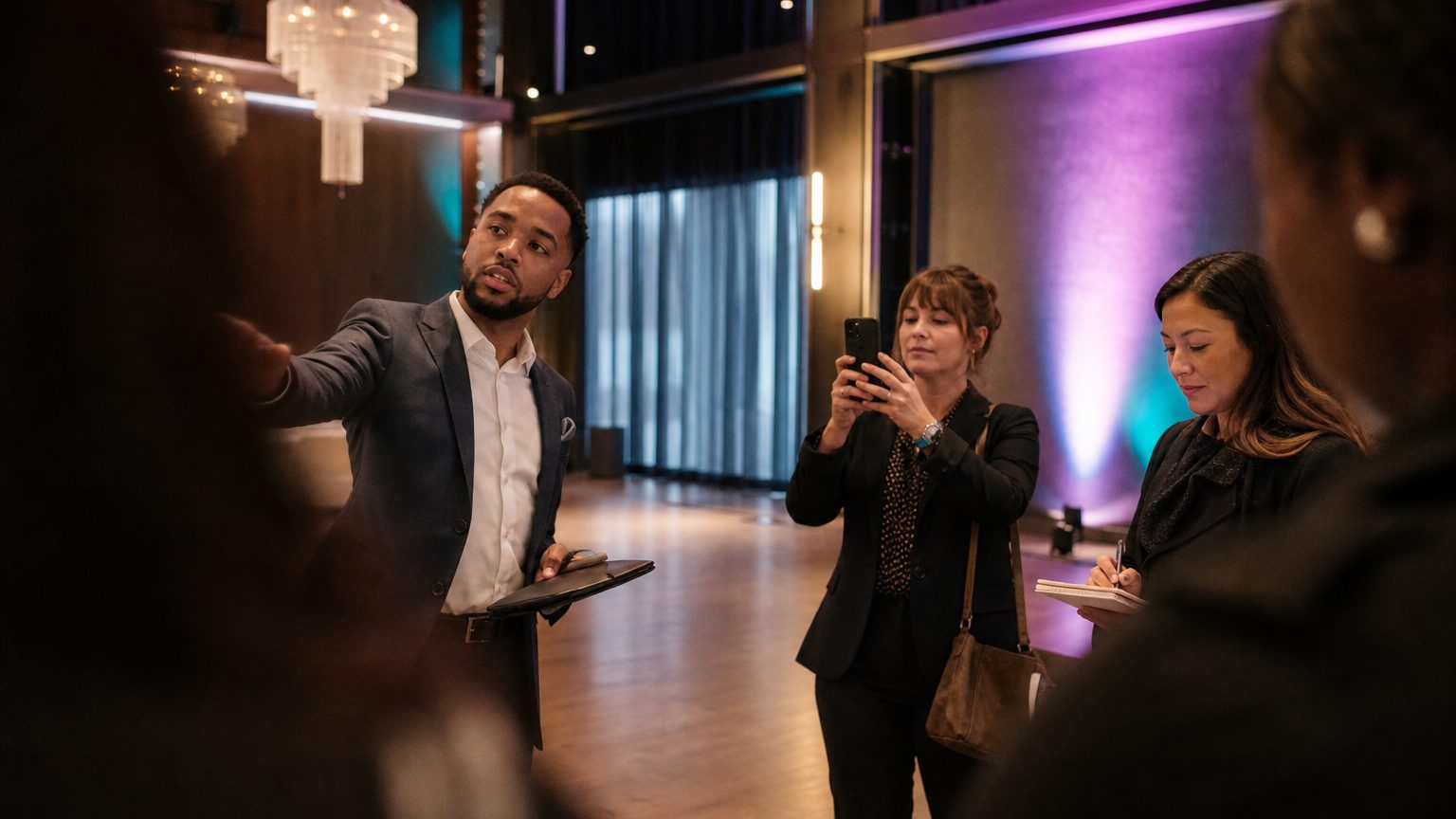 A venue manager gesturing across a function space to two corporate planners