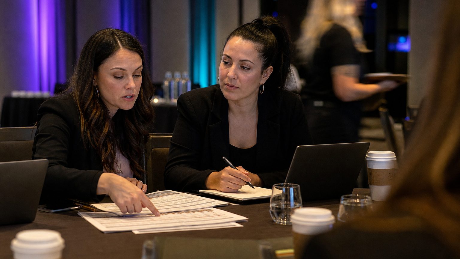 Two corporate event planners across a hotel meeting-room table mid-discussion