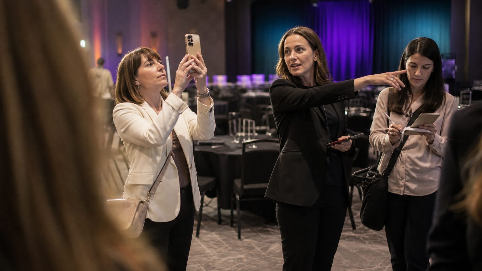 A venue manager gesturing across a function space to two corporate planners