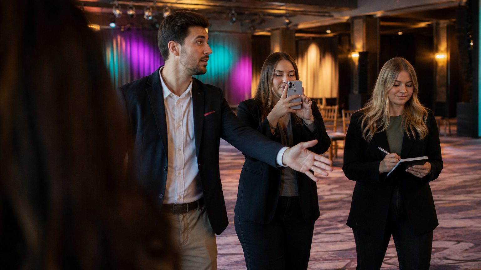 A venue manager gesturing across a function space to two corporate planners