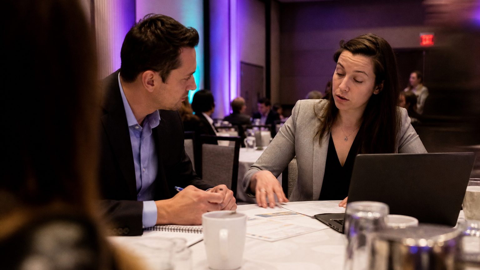 Two corporate event planners across a hotel meeting-room table mid-discussion