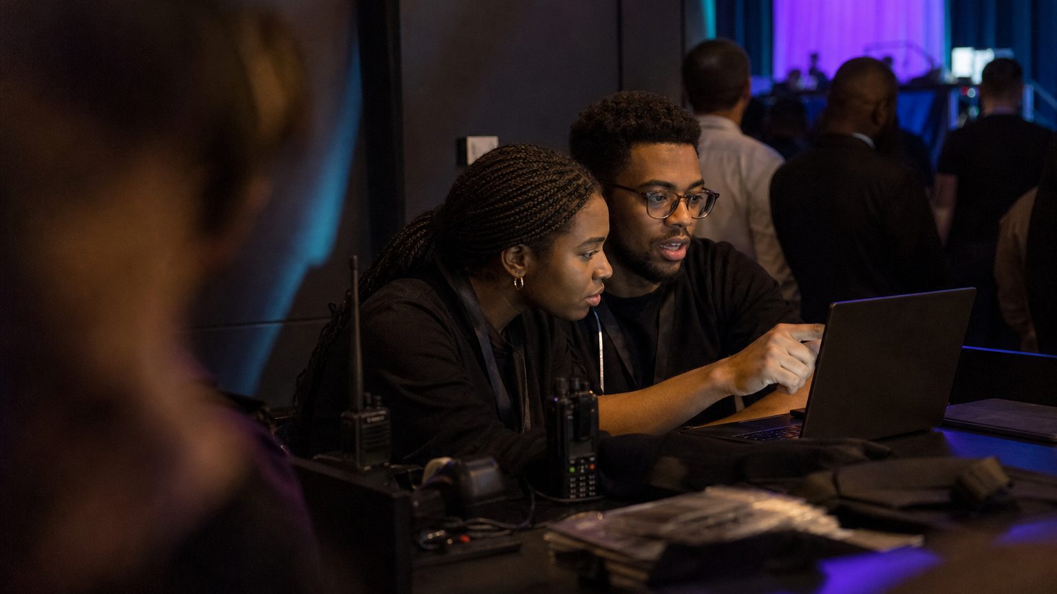 Two event operations colleagues at a laptop in a venue back-of-house area during an event