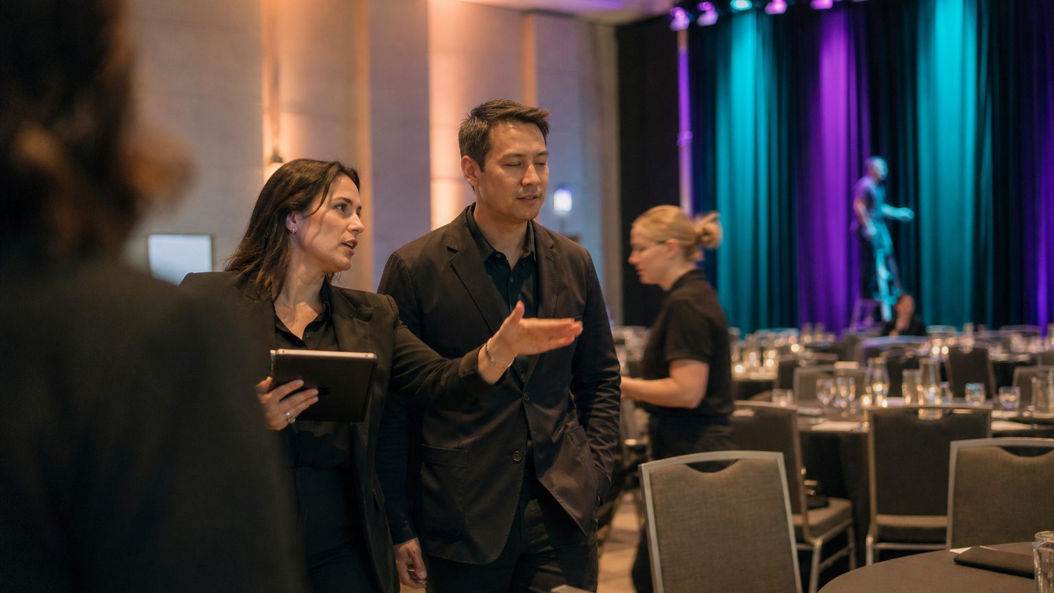 Two corporate event planners walking a venue together mid-conversation