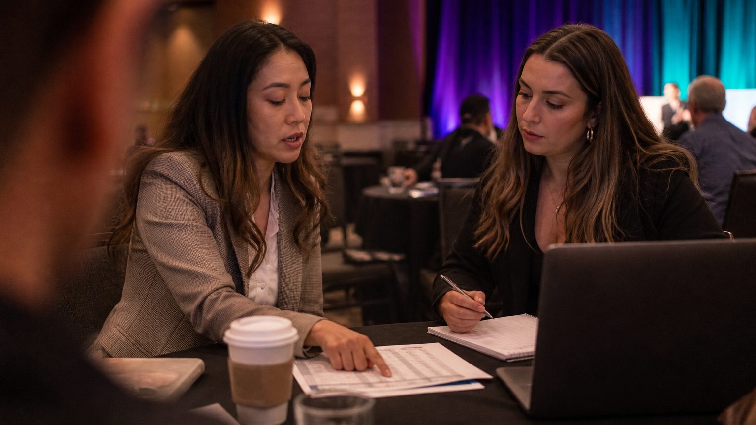 Two corporate event planners across a hotel meeting-room table mid-discussion