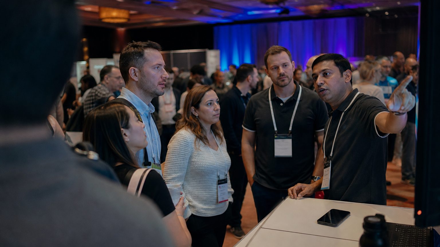 Two exhibitors in branded polos talking with three visitors at a booth counter