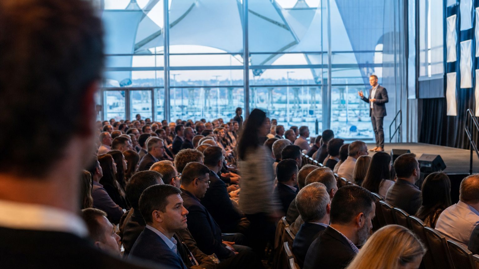 A venue manager gesturing across a function space to two corporate planners