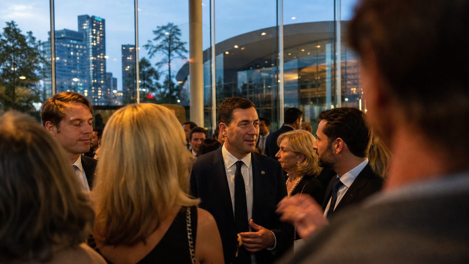Two corporate event planners across a hotel meeting-room table mid-discussion