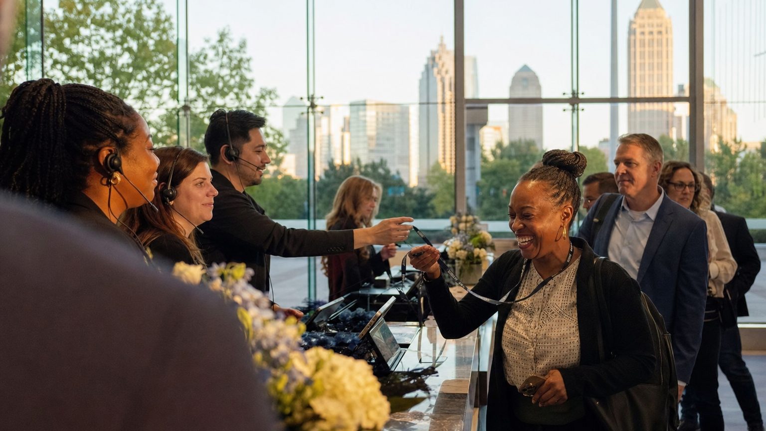 A venue manager gesturing across a function space to two corporate planners