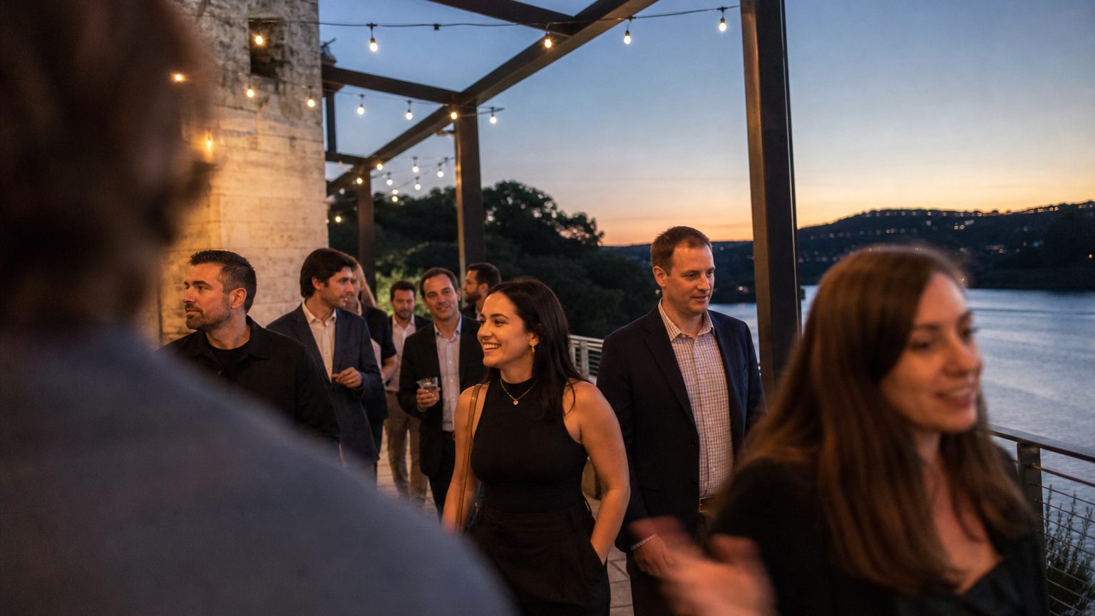 A venue manager gesturing across a function space to two corporate planners