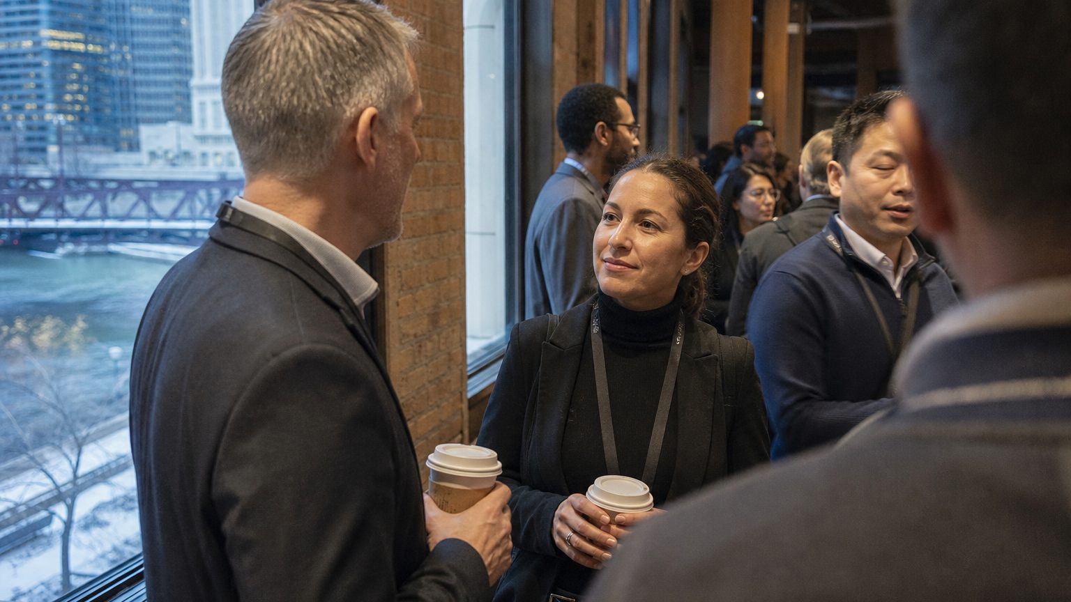 Two corporate event planners across a hotel meeting-room table mid-discussion