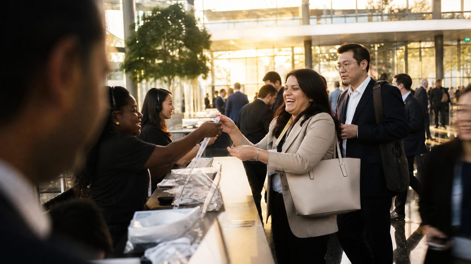 A venue manager gesturing across a function space to two corporate planners