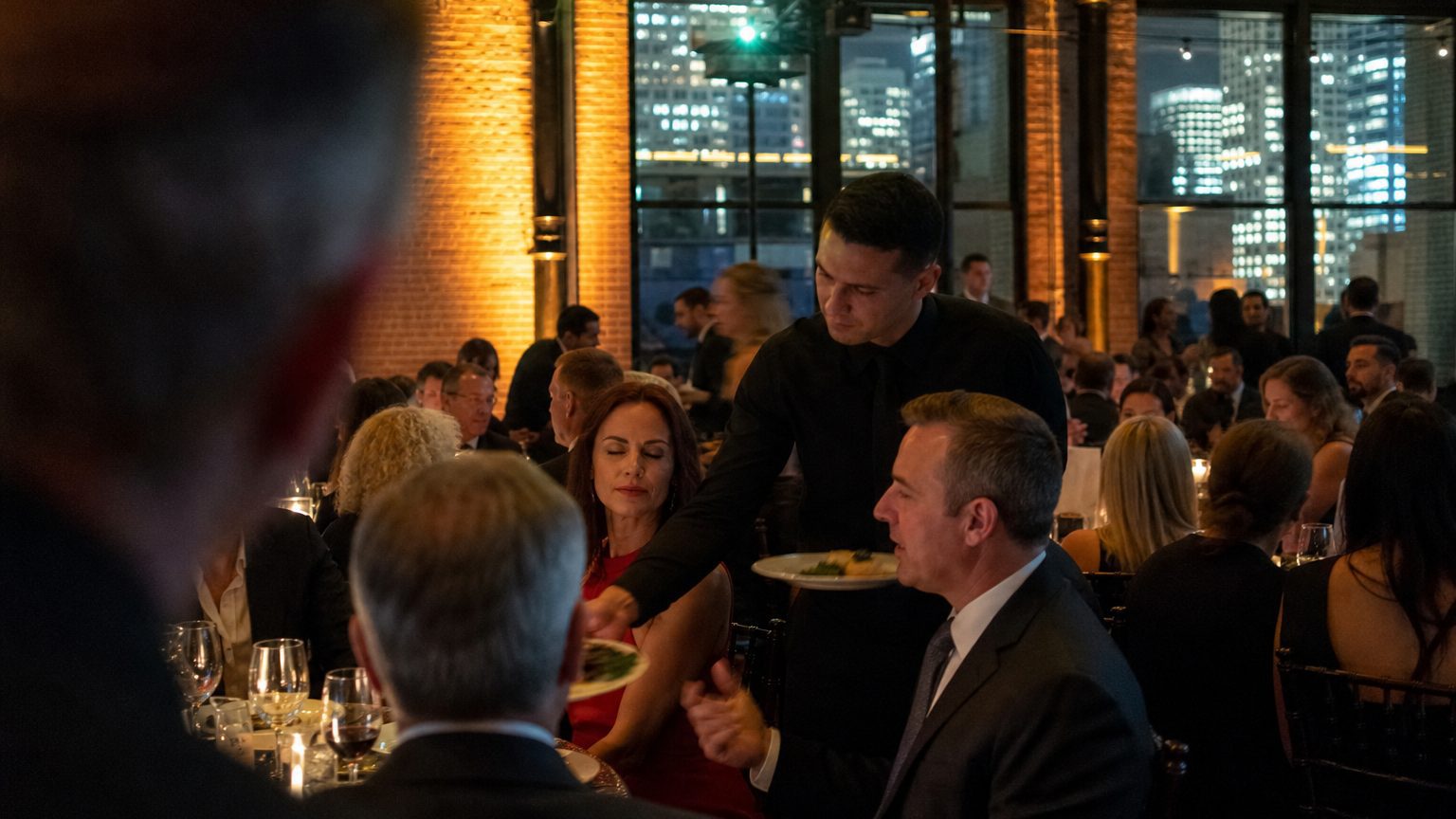A venue manager gesturing across a function space to two corporate planners