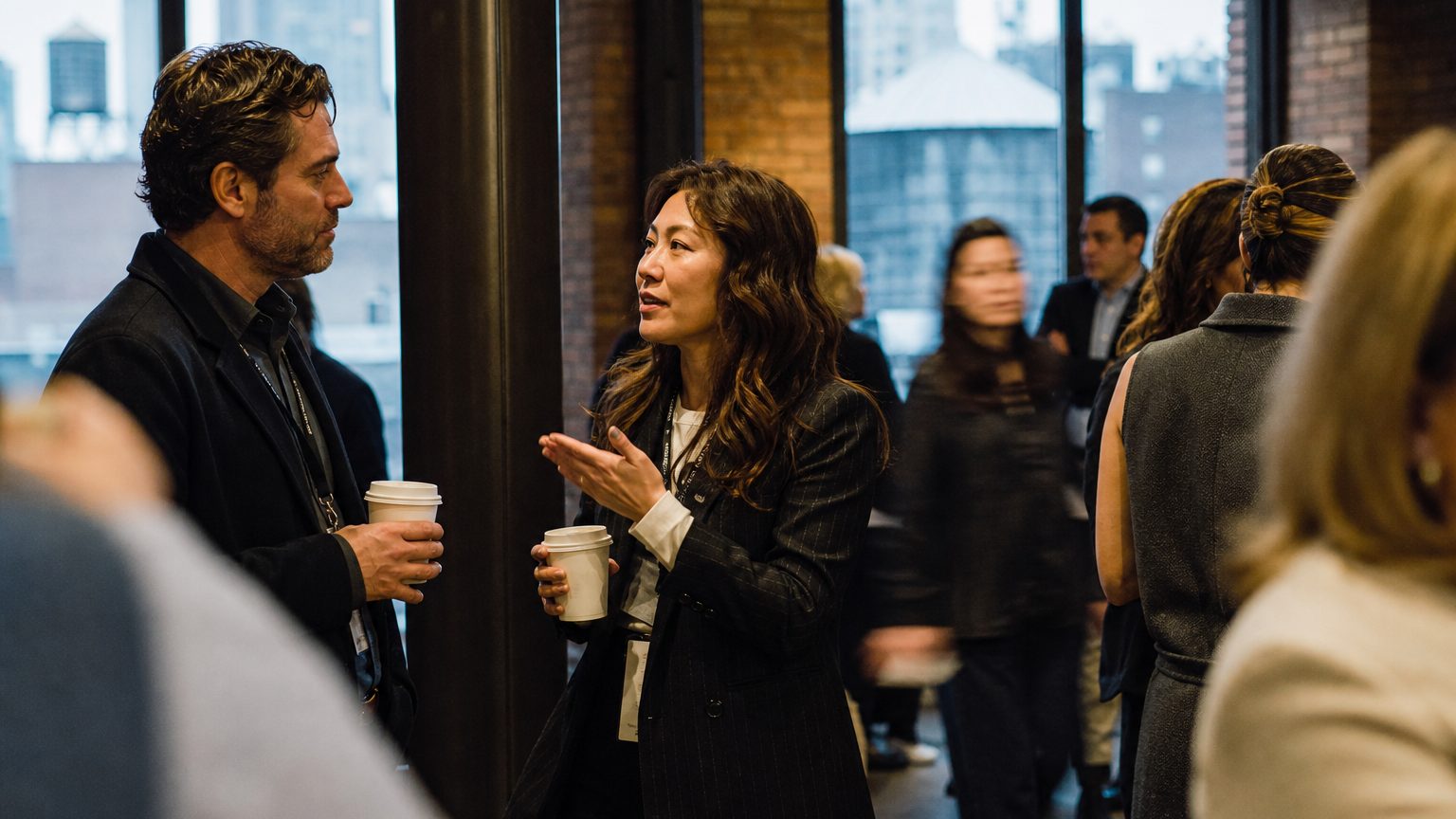 Two corporate event planners across a hotel meeting-room table mid-discussion