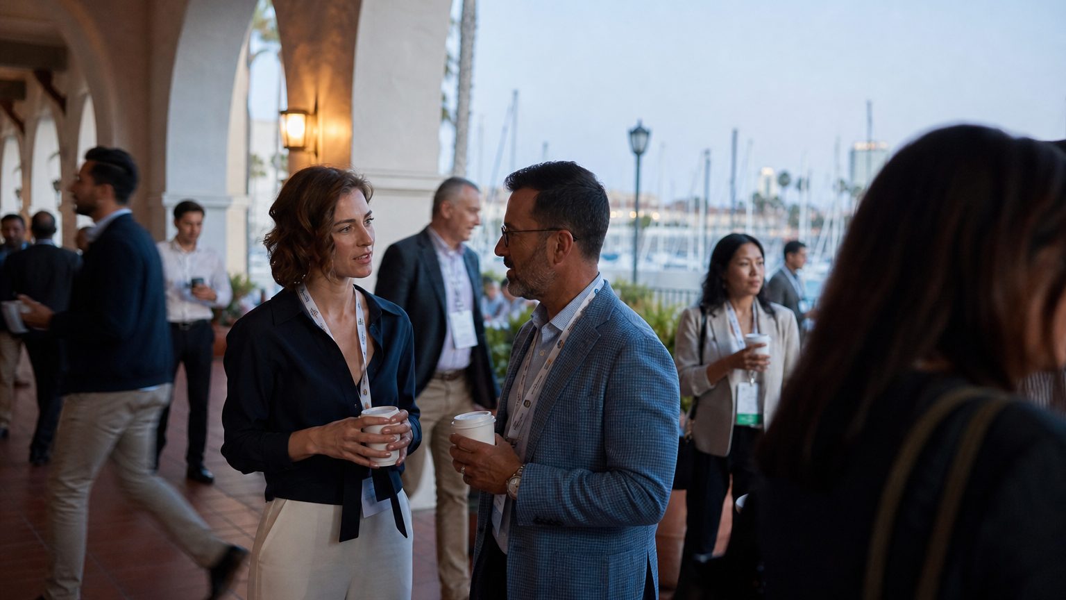 Two corporate event planners across a hotel meeting-room table mid-discussion