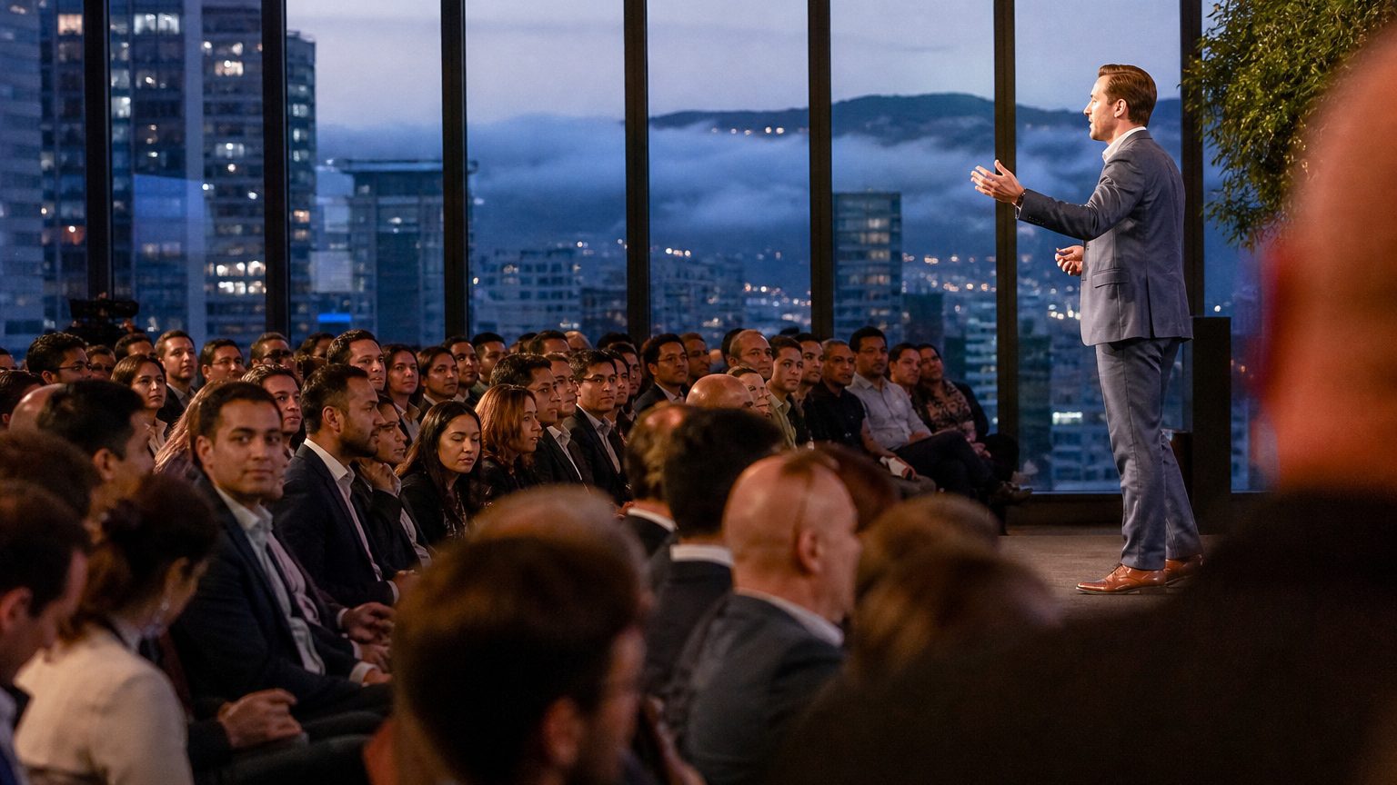 Speaker addressing a full general session room with floor-to-ceiling windows behind the stage