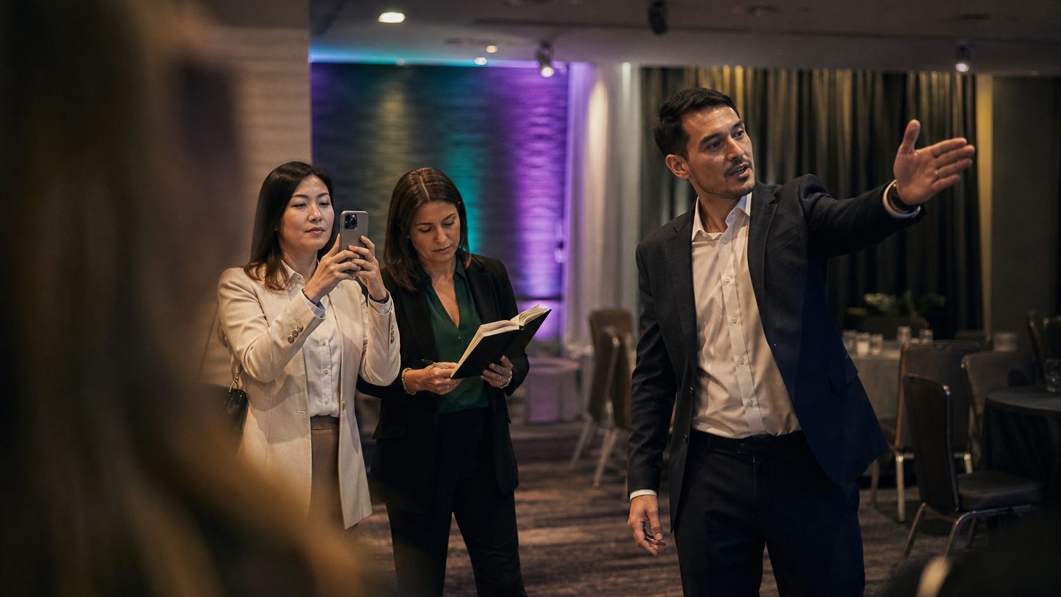 A venue manager gesturing across a function space to two corporate planners