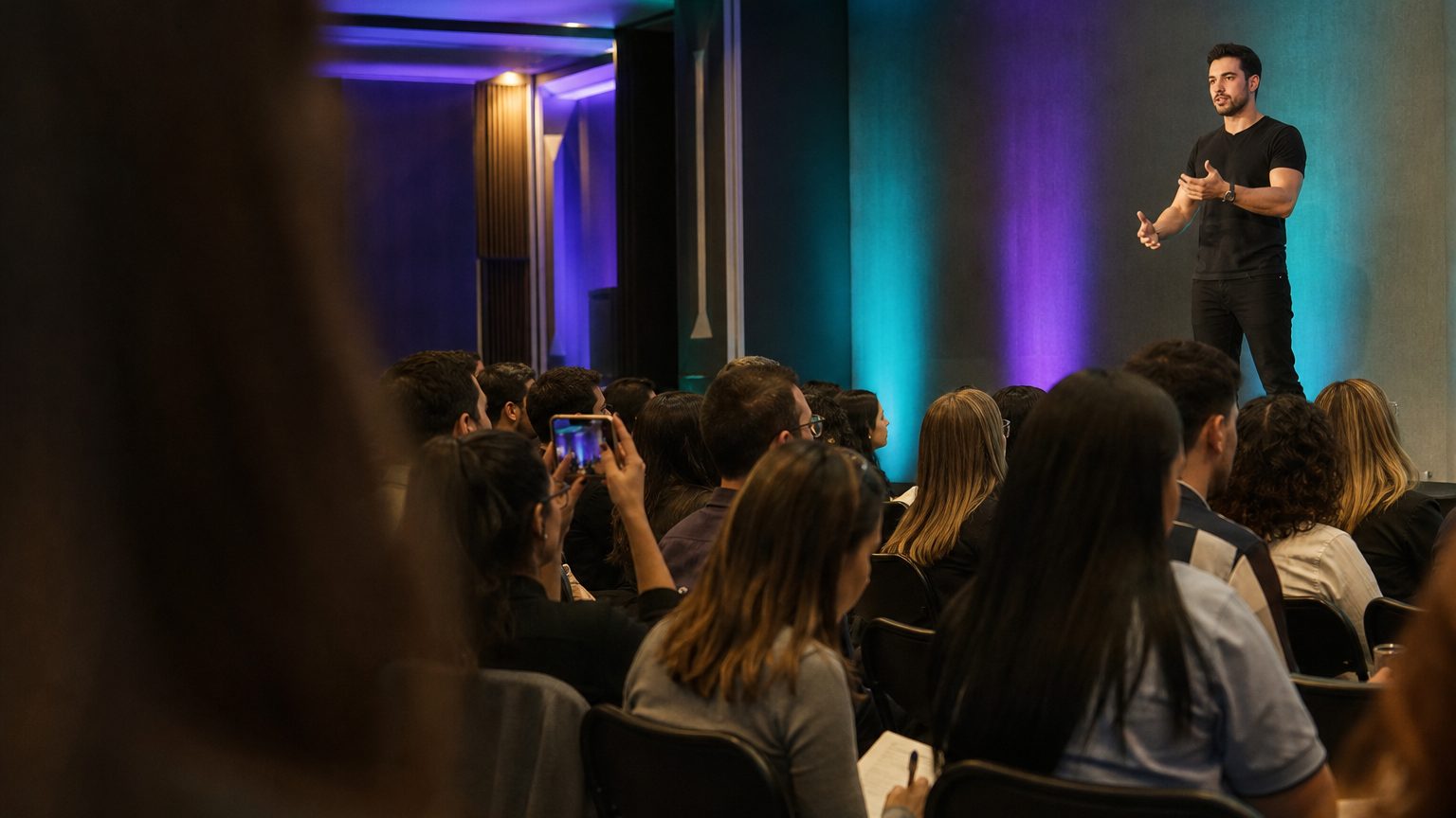 A speaker mid-gesture on a low stage