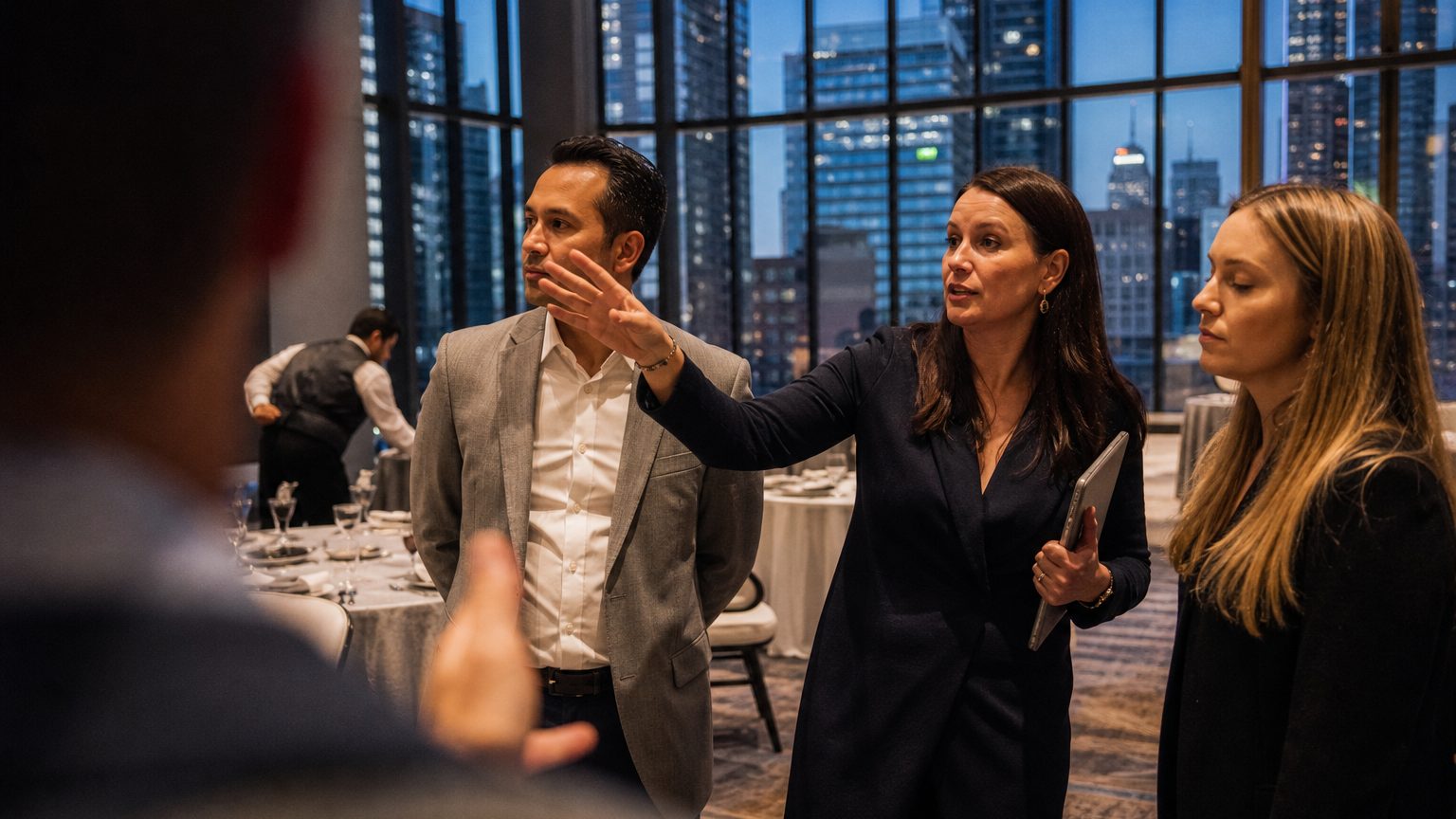 A venue manager gesturing across a function space to two corporate planners