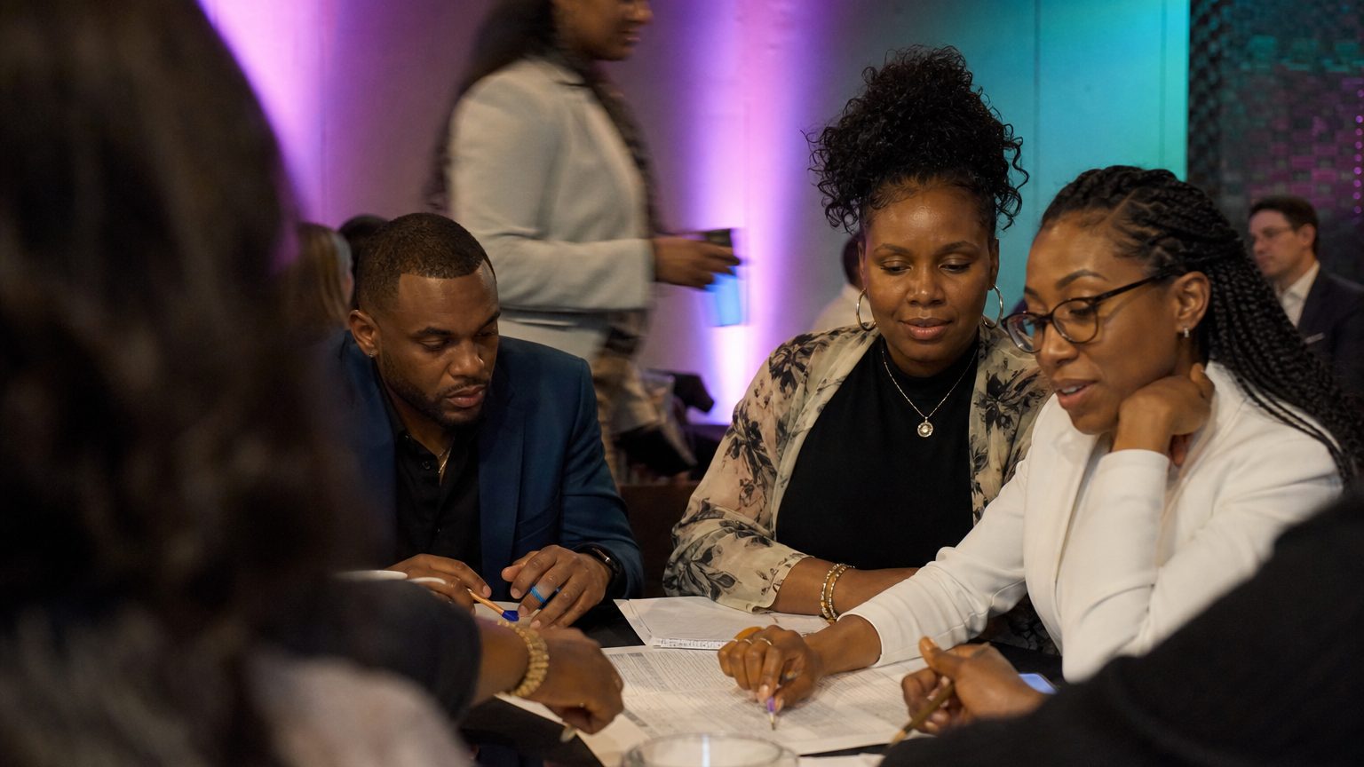 Close-up of a hands-on meeting where a group of event planners gathers around a table, reviewing printed tax forms and
