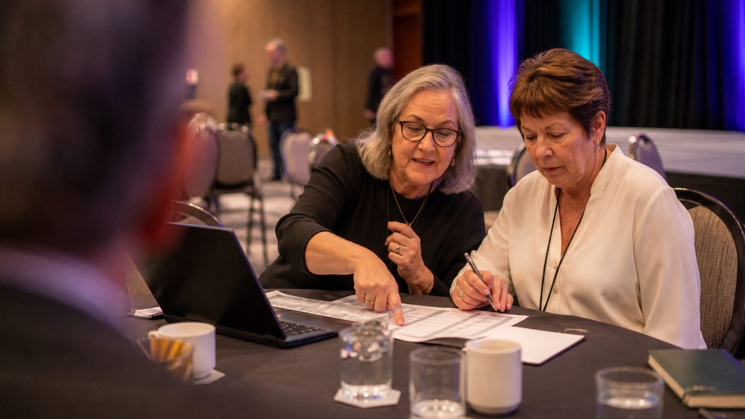 Two corporate event planners across a hotel meeting-room table mid-discussion