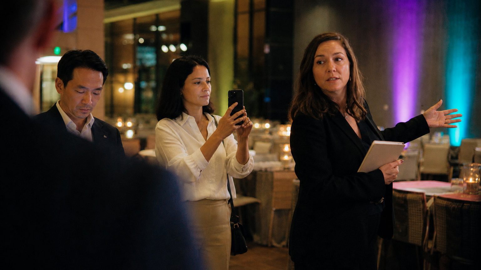A venue manager gesturing across a function space to two corporate planners