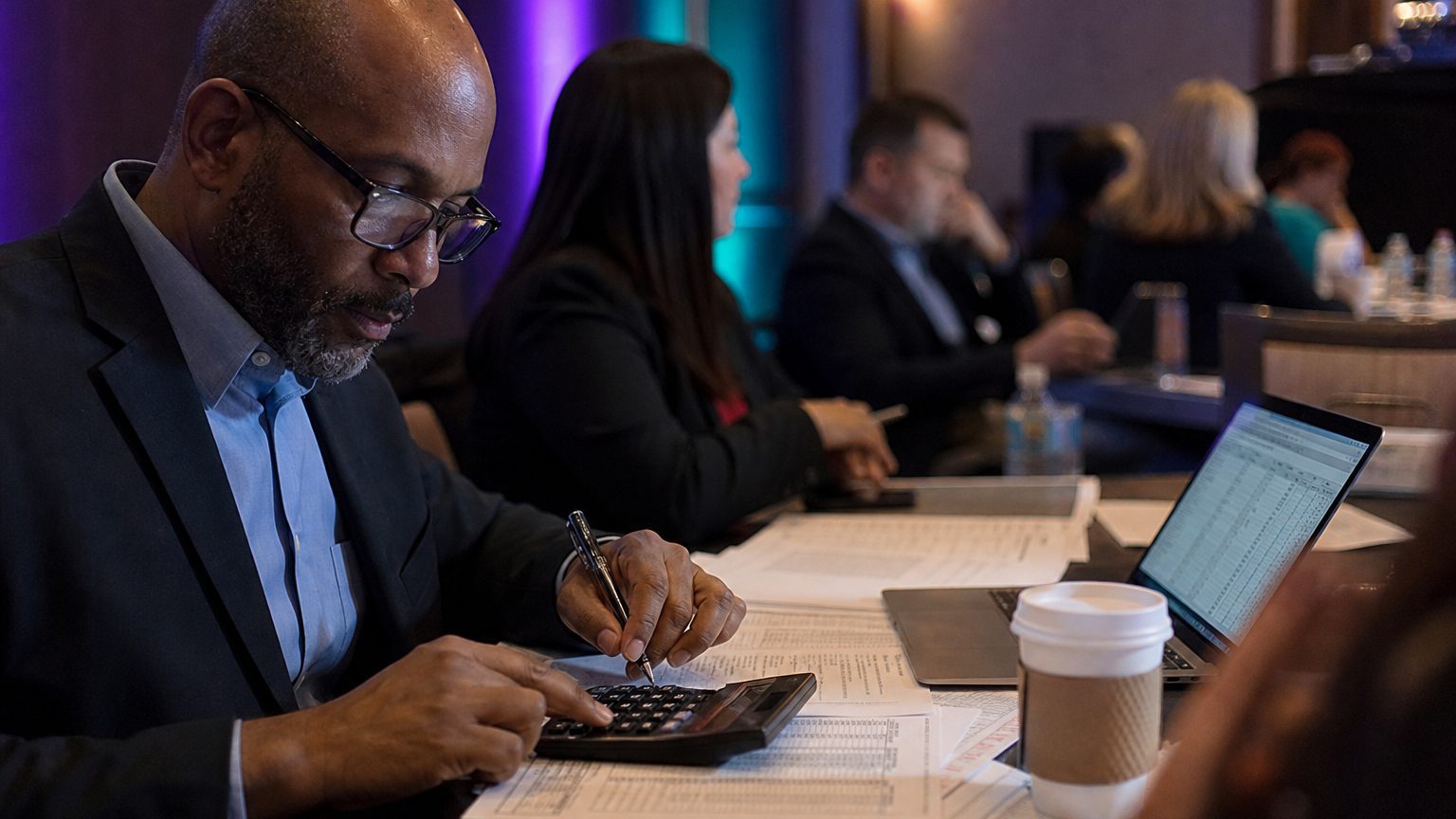 Close-up of a financial analyst at a desk, using a calculator and reviewing detailed tax documents under warm desk lig