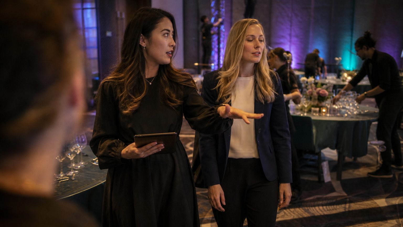 Two corporate event planners walking a venue together mid-conversation