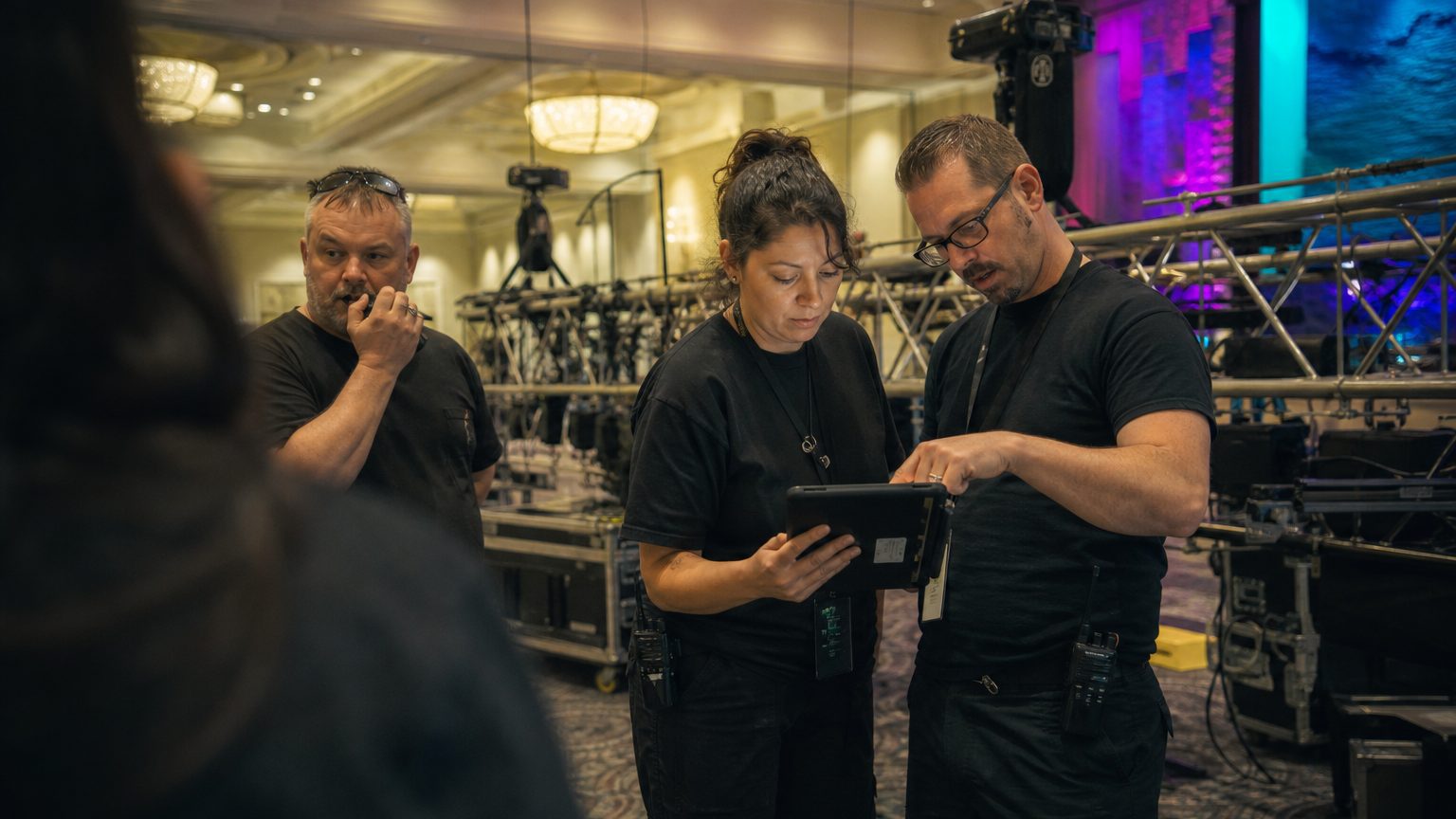 Two crew in black checking a rigging plot on a tablet while a third talks into a radio