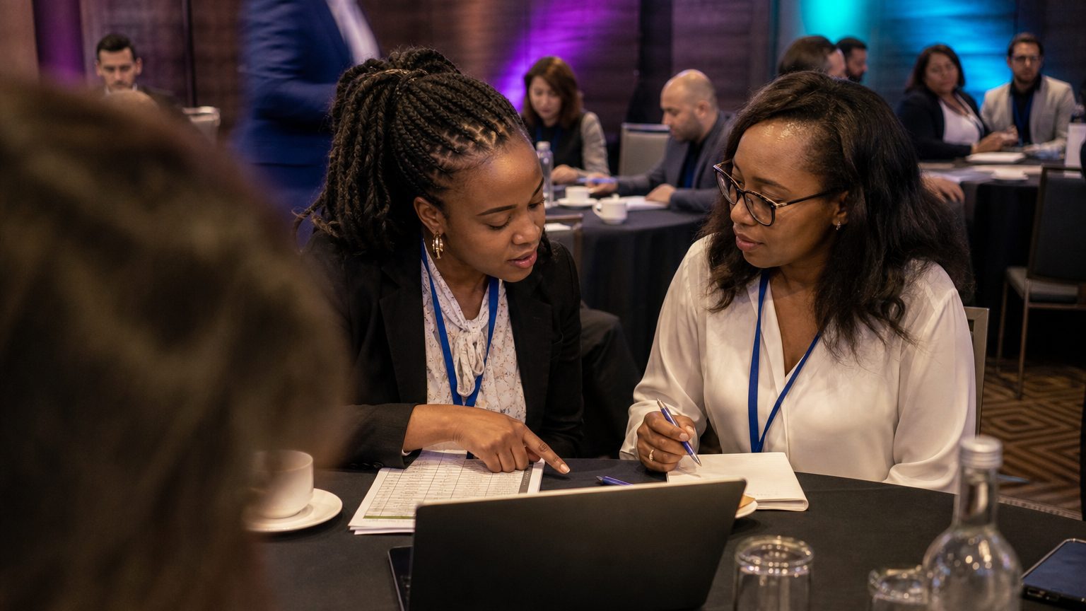 Two corporate event planners across a hotel meeting-room table mid-discussion