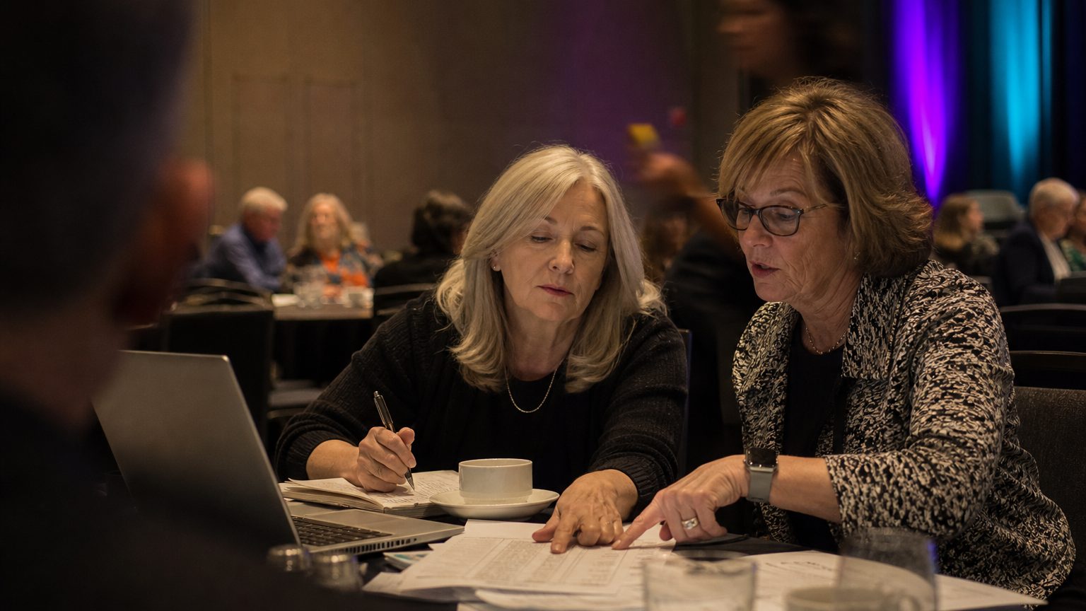 Two corporate event planners across a hotel meeting-room table mid-discussion