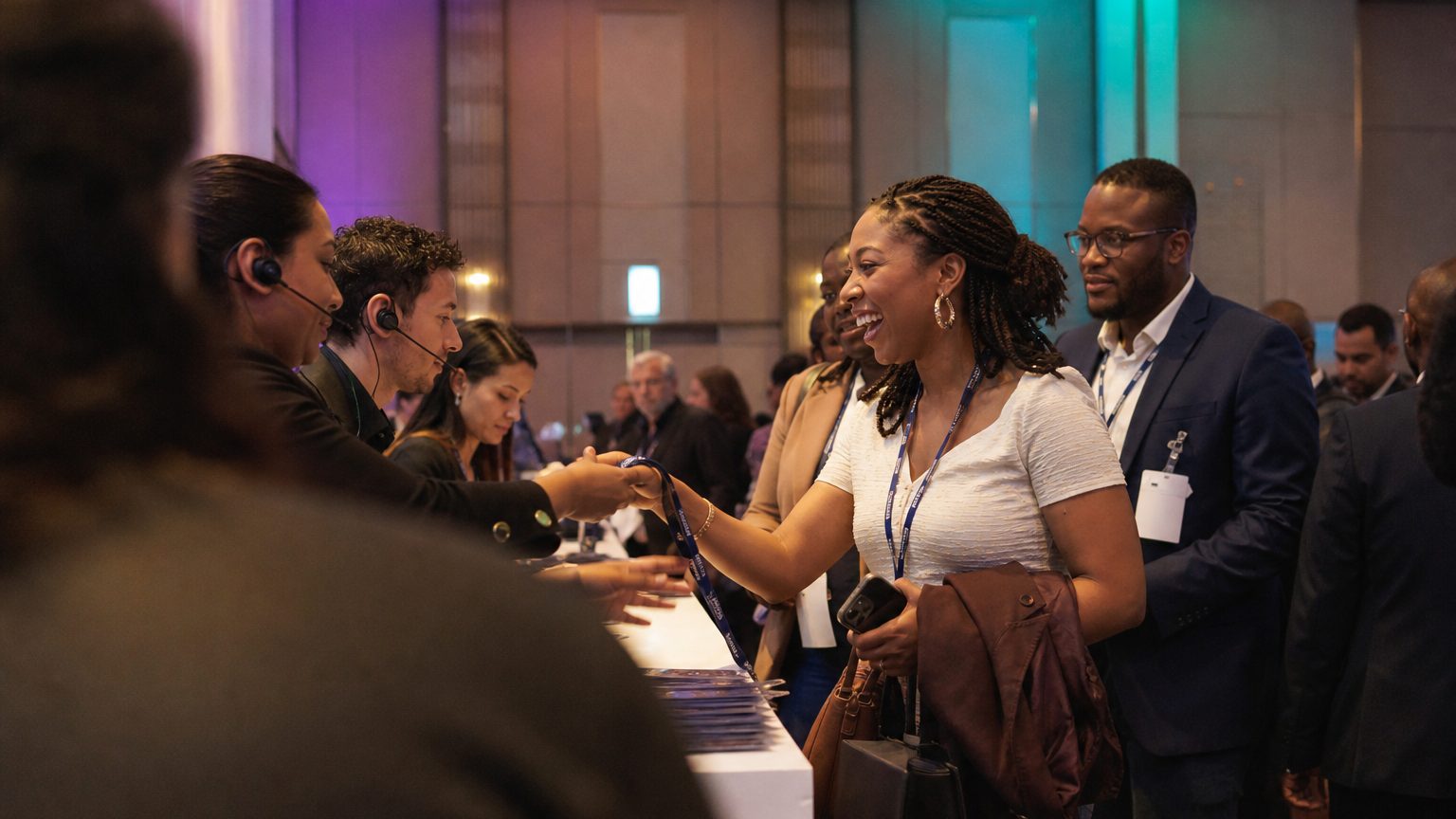 Three staff in headsets handing badges across the counter to arriving attendees
