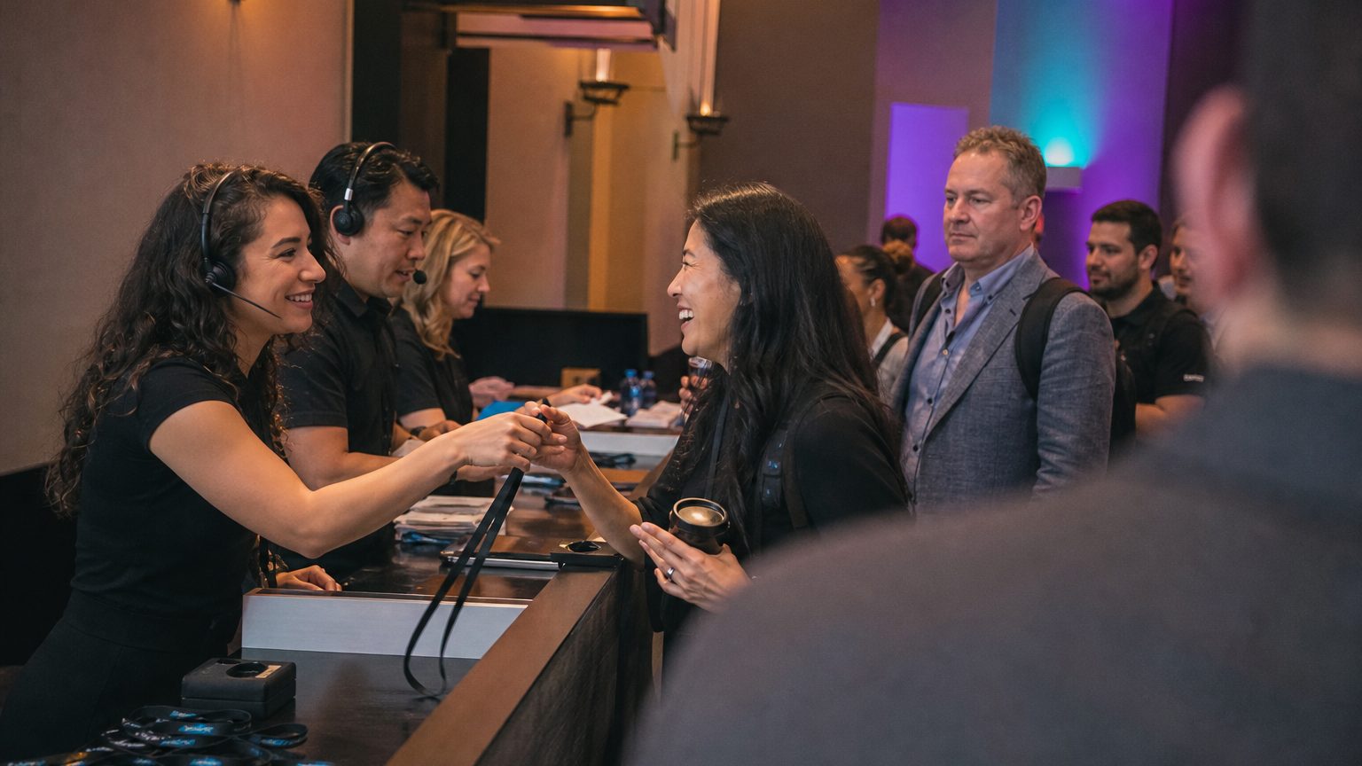 Registration staff in headsets checking attendees in at an event registration desk