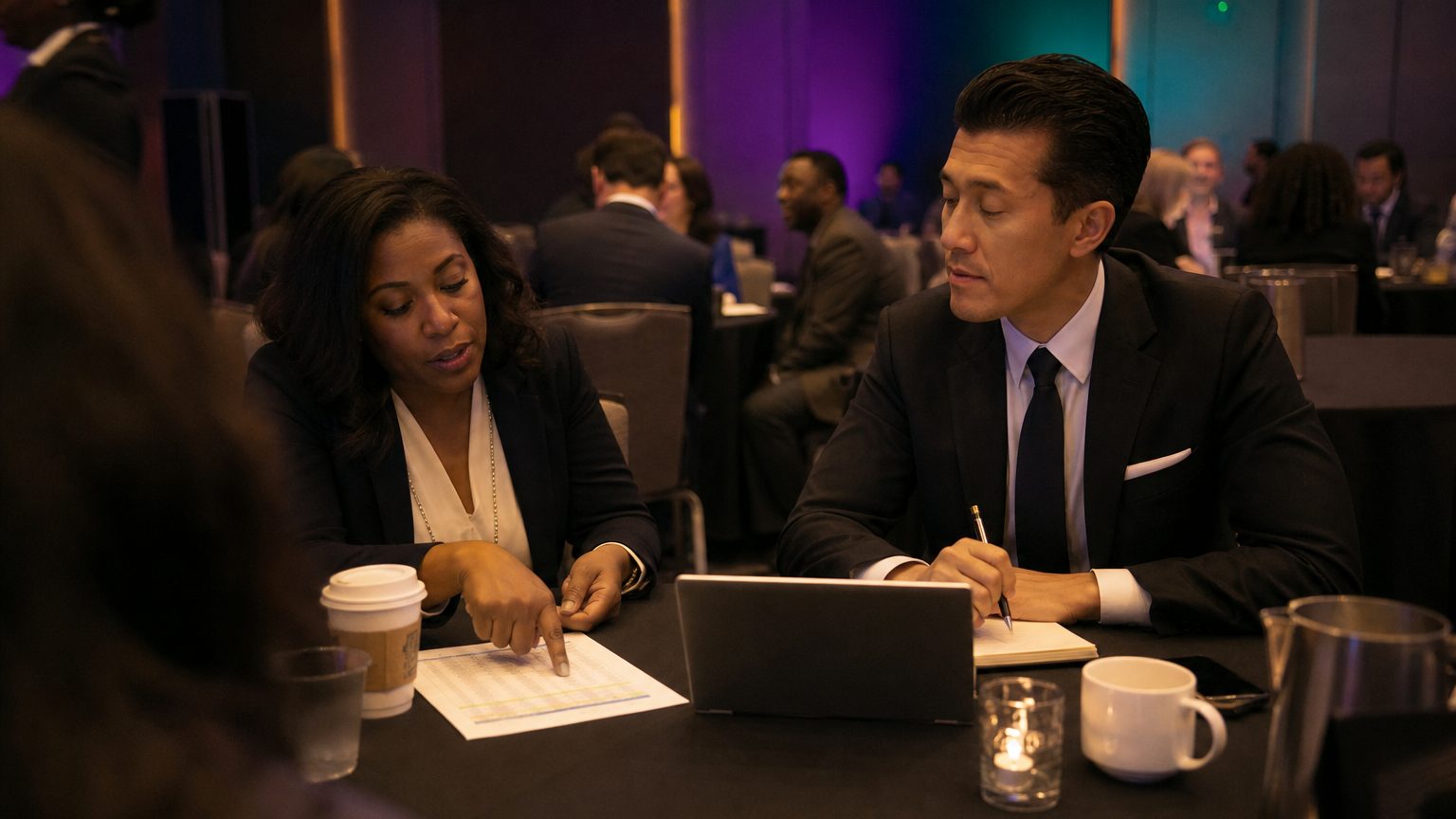Two corporate event planners across a hotel meeting-room table mid-discussion