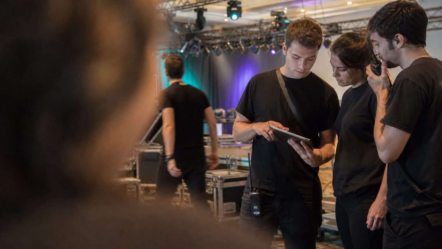 Two crew in black checking a rigging plot on a tablet while a third talks into a radio
