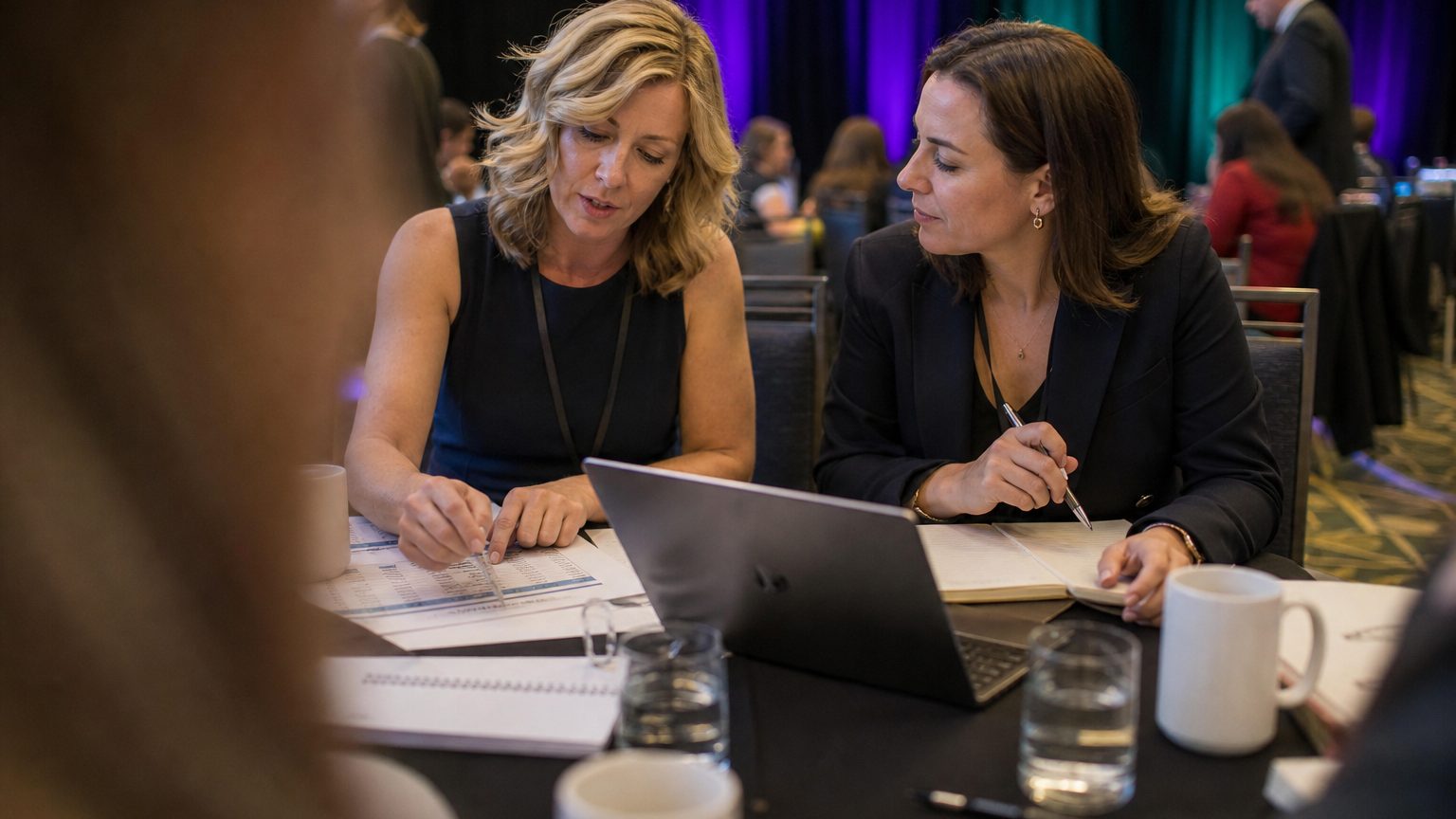 Two corporate event planners across a hotel meeting-room table mid-discussion