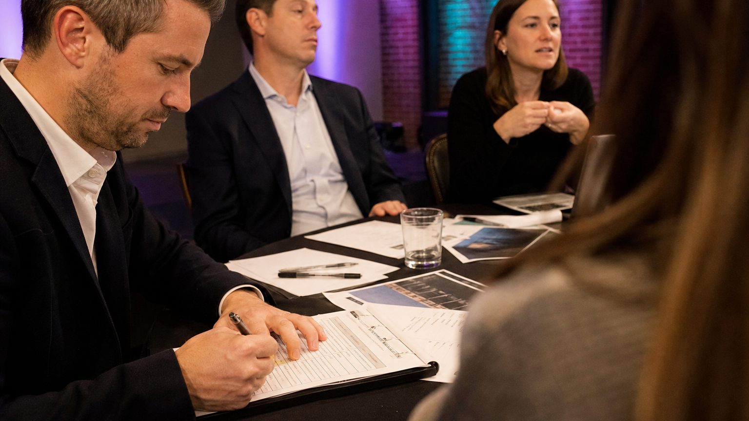 Close-up of hands filling out a detailed evaluation scorecard on a clipboard, with pens and printed agency proposals s
