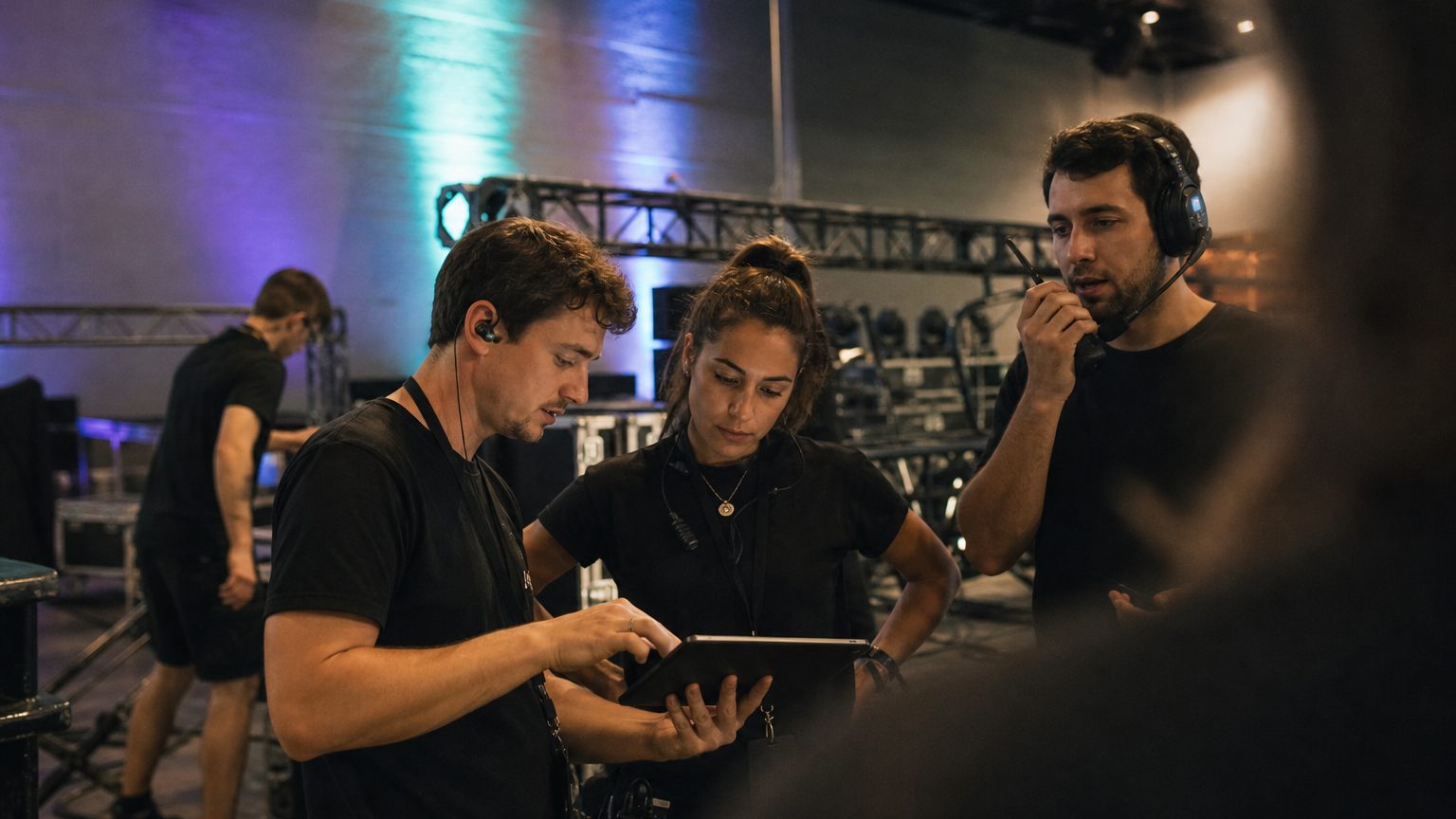 Two crew in black checking a rigging plot on a tablet while a third talks into a radio